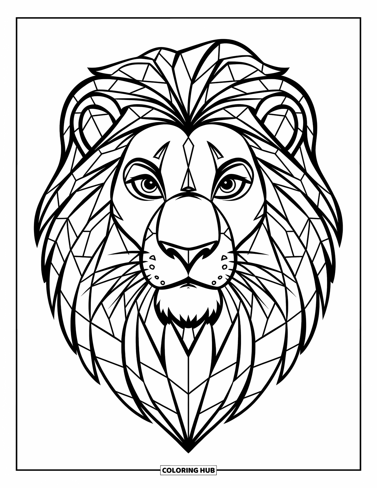 Dibujo de mosaico para colorear para niños: Un feroz león con ojos abiertos y boca rugiente enmarcado por una melena geométrica