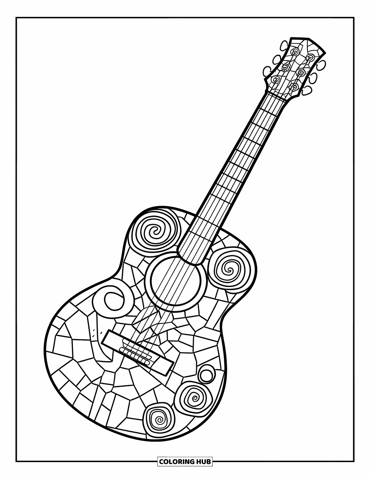 Dibujo de mosaico para colorear para niños: Una guitarra con diseños de mosaico en espiral en el mástil y la caja