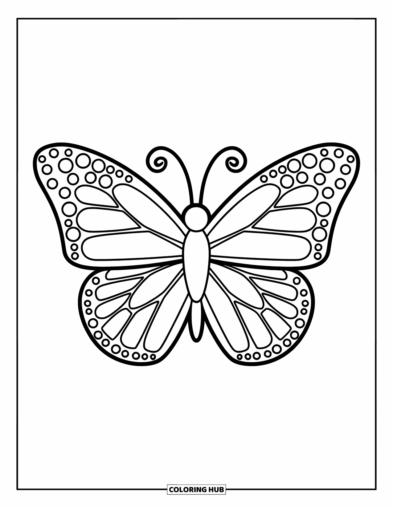 Dibujo de mosaico para colorear para niños: Una mariposa de mosaico con alas abiertas posada sobre una flor con hojas
