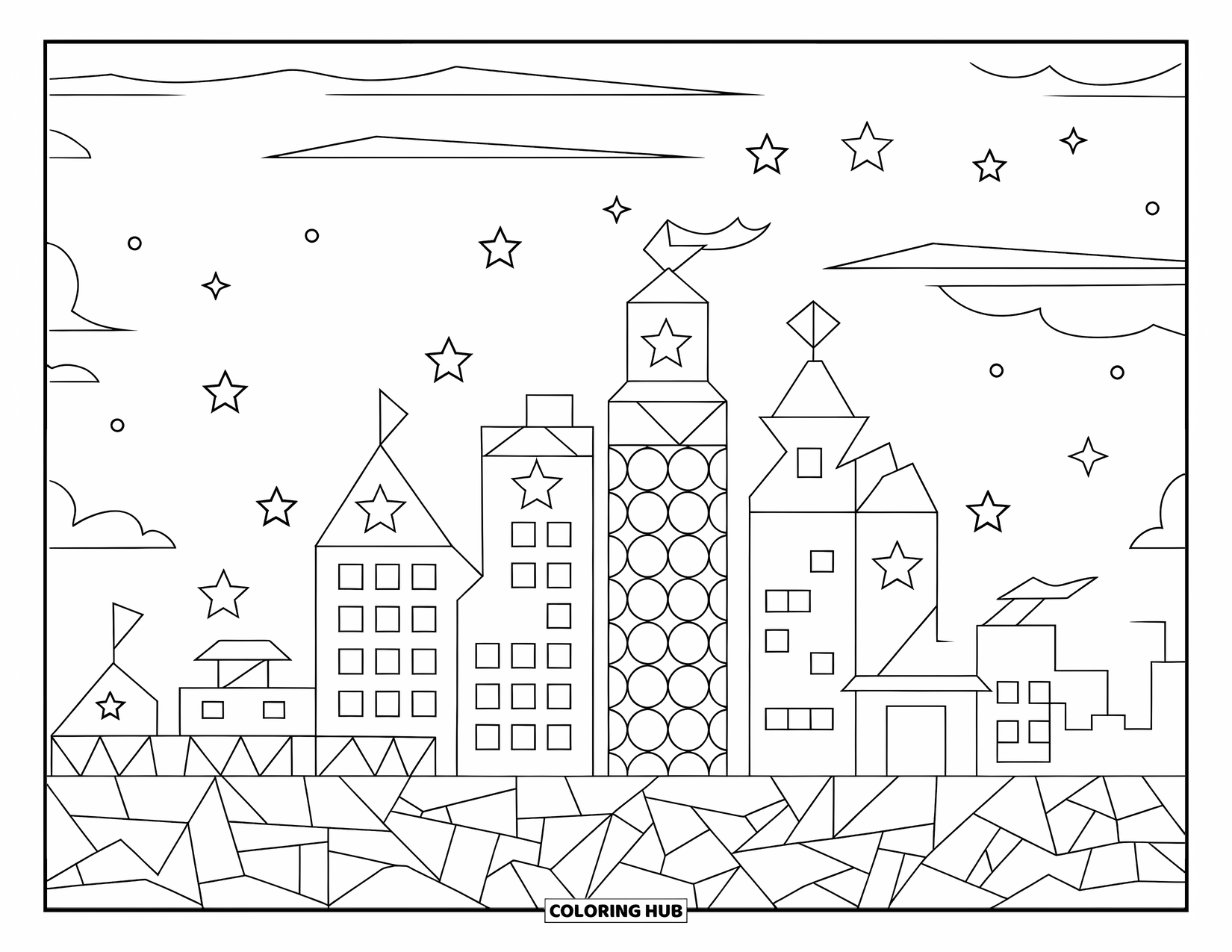 Dibujo de mosaico para colorear para niños: Un horizonte urbano de mosaico lleno de estrellas y edificios de todas las formas y tamaños