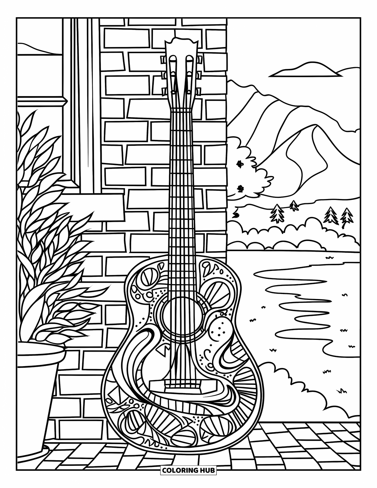 Dibujo de mosaico para colorear para niños: Una guitarra decorada con mosaico apoyada en una pared de ladrillo junto a una planta y vistas a la montaña