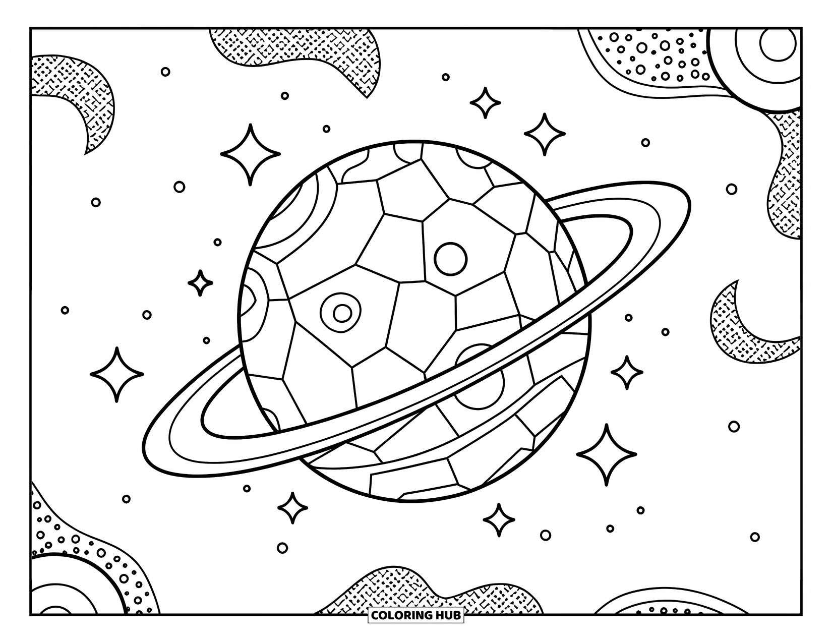 Dibujo de mosaico para colorear para niños: Un planeta de mosaico con anillos que flota entre estrellas punteadas