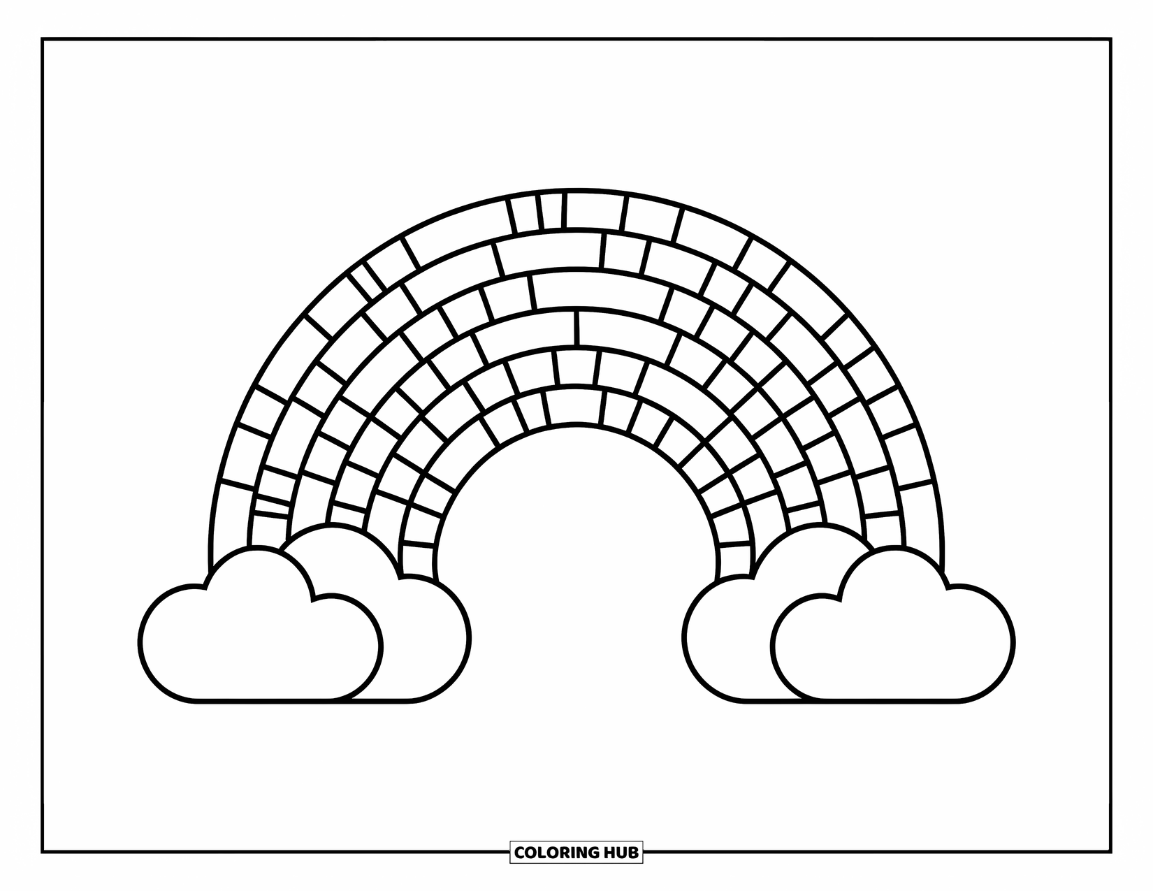 Dibujo de mosaico para colorear para niños: Un arcoíris de anchas tiras de mosaico que se arquea entre dos nubes esponjosas