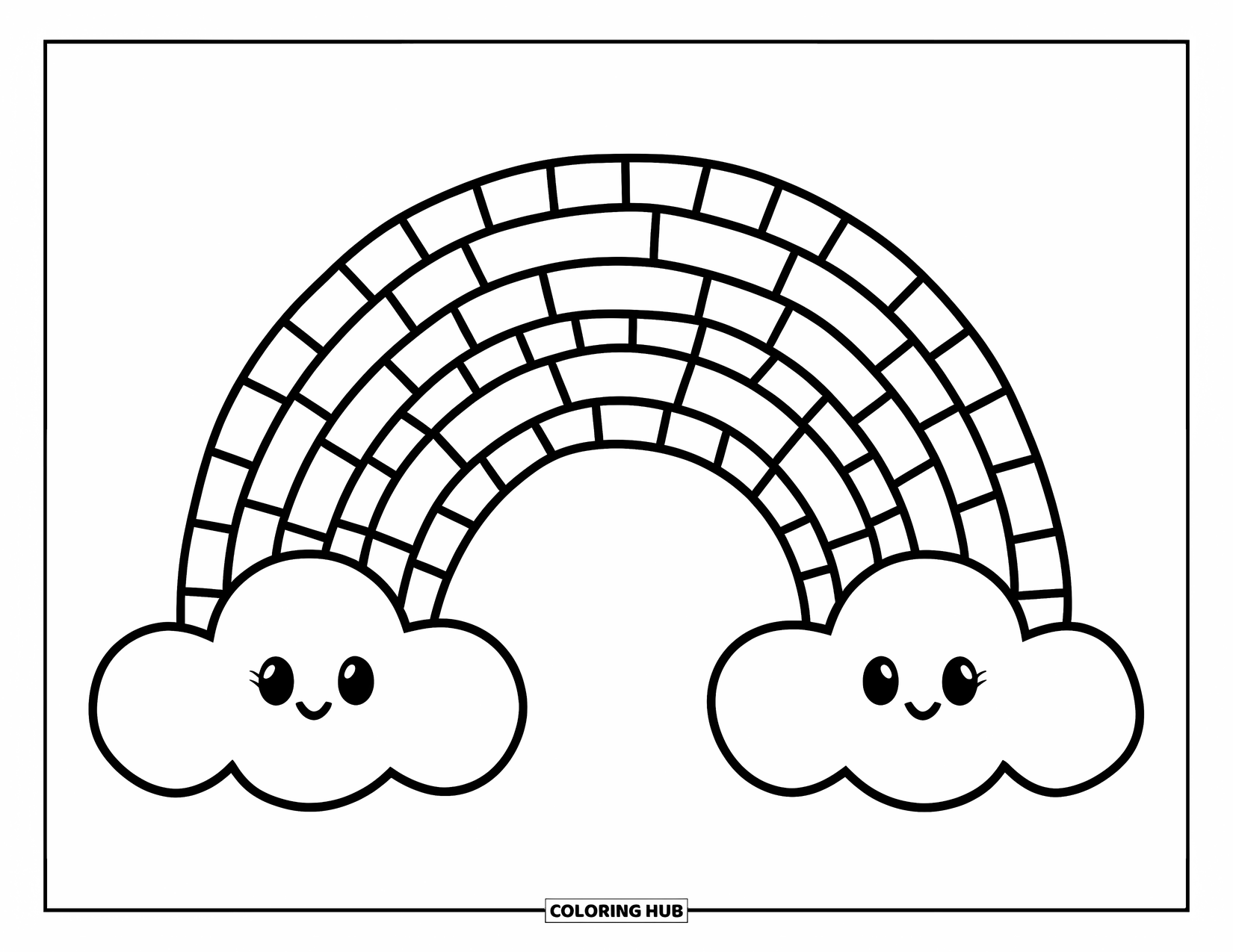 Dibujo de mosaico para colorear para niños: Un arcoíris de anchas franjas y nubes sonrientes que crean una escena alegre y juguetona