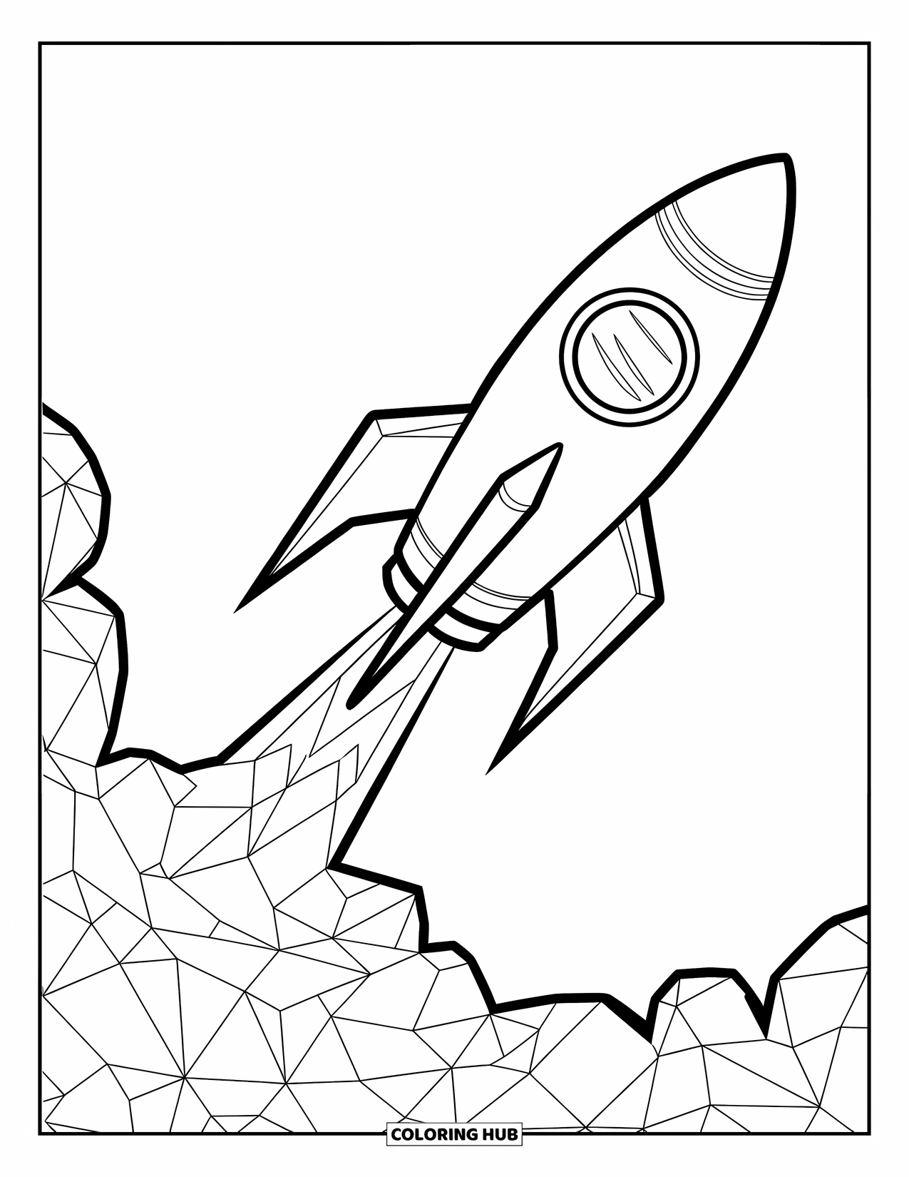 Dibujo de mosaico para colorear para niños: Un cohete se lanza hacia arriba con afiladas formas de fuego de mosaico bajo él