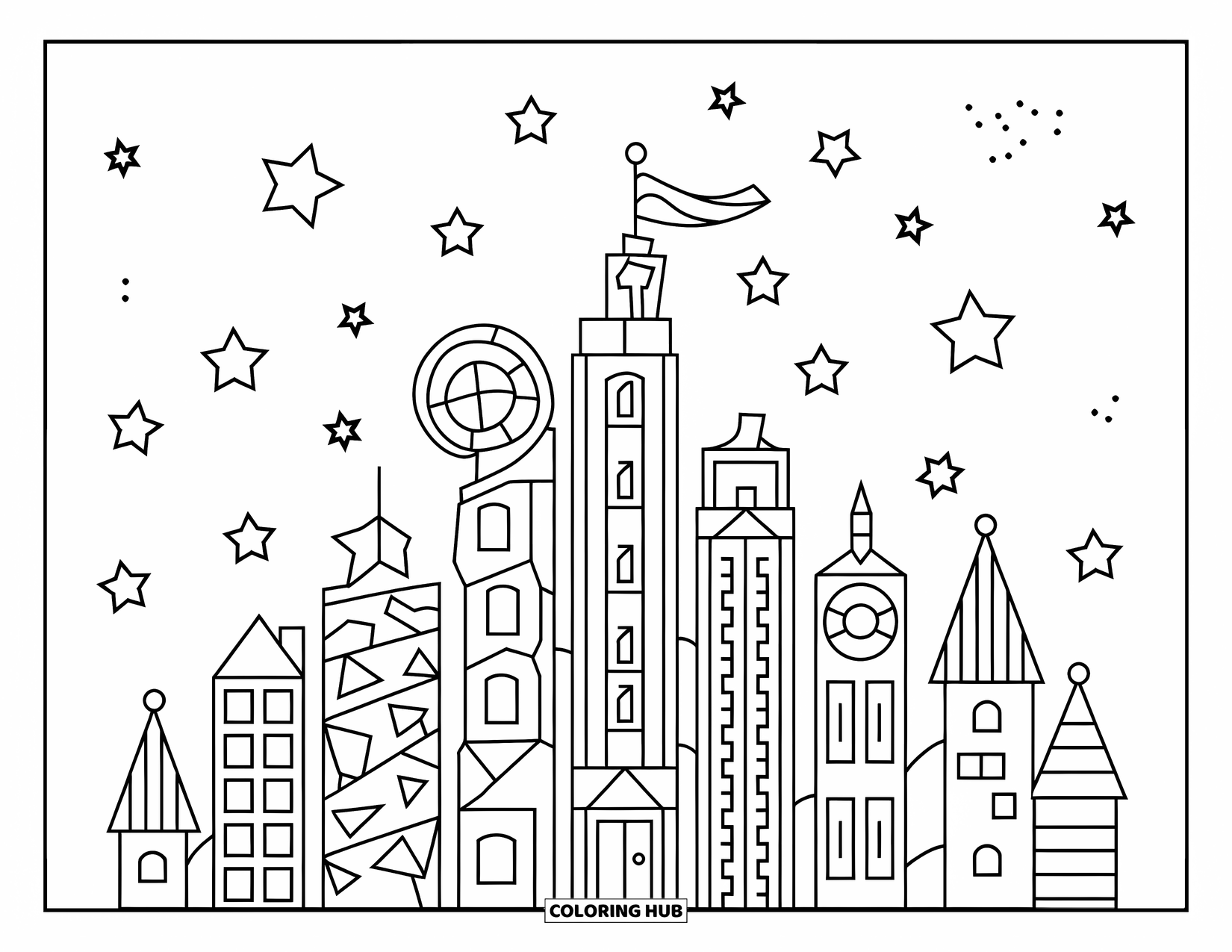 Dibujo de mosaico para colorear para niños: Un horizonte de edificios únicos con estrellas arriba y ventanas estilo mosaico