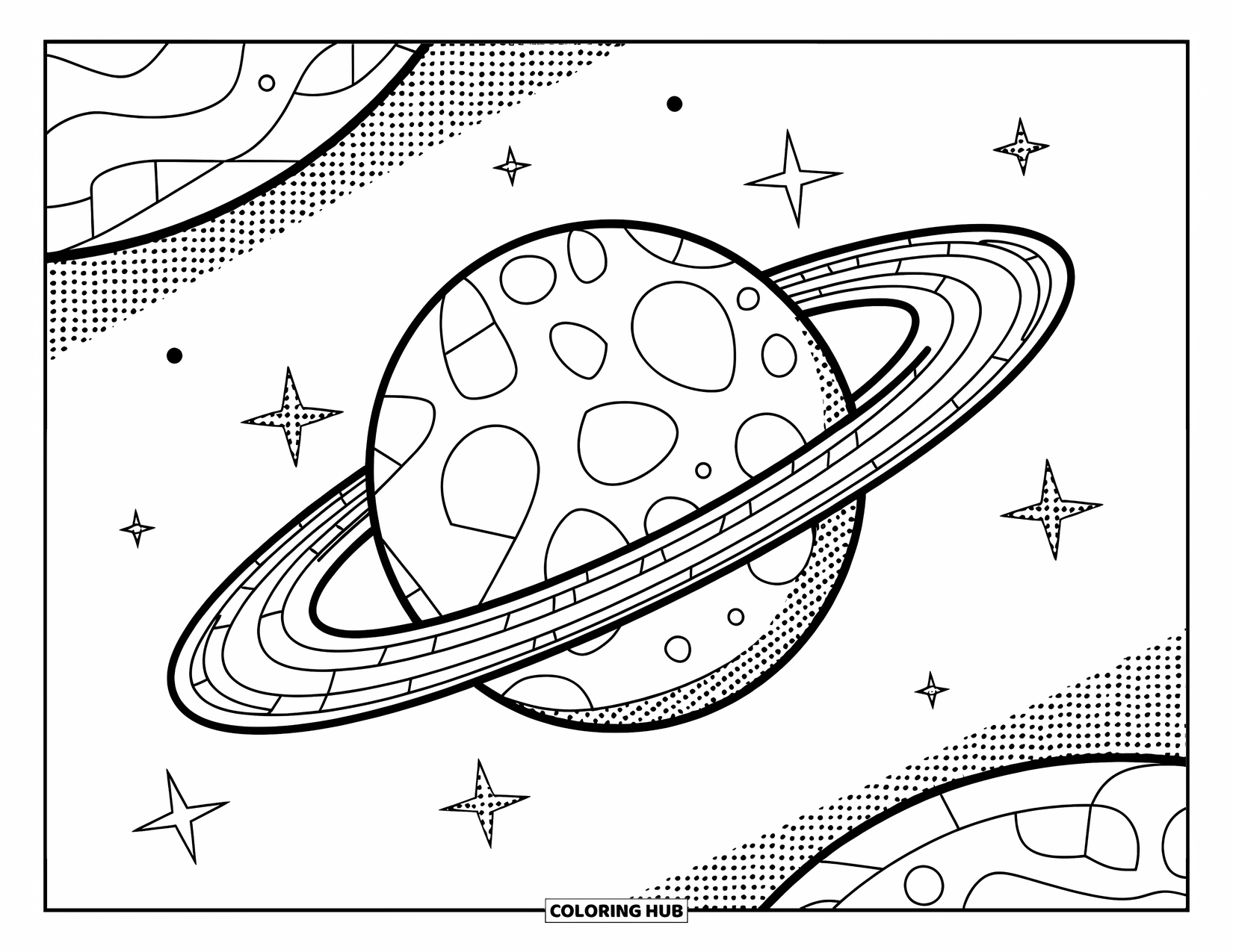 Dibujo de mosaico para colorear para niños: Un planeta de mosaico texturizado con anillos y estrellas punteadas en el espacio