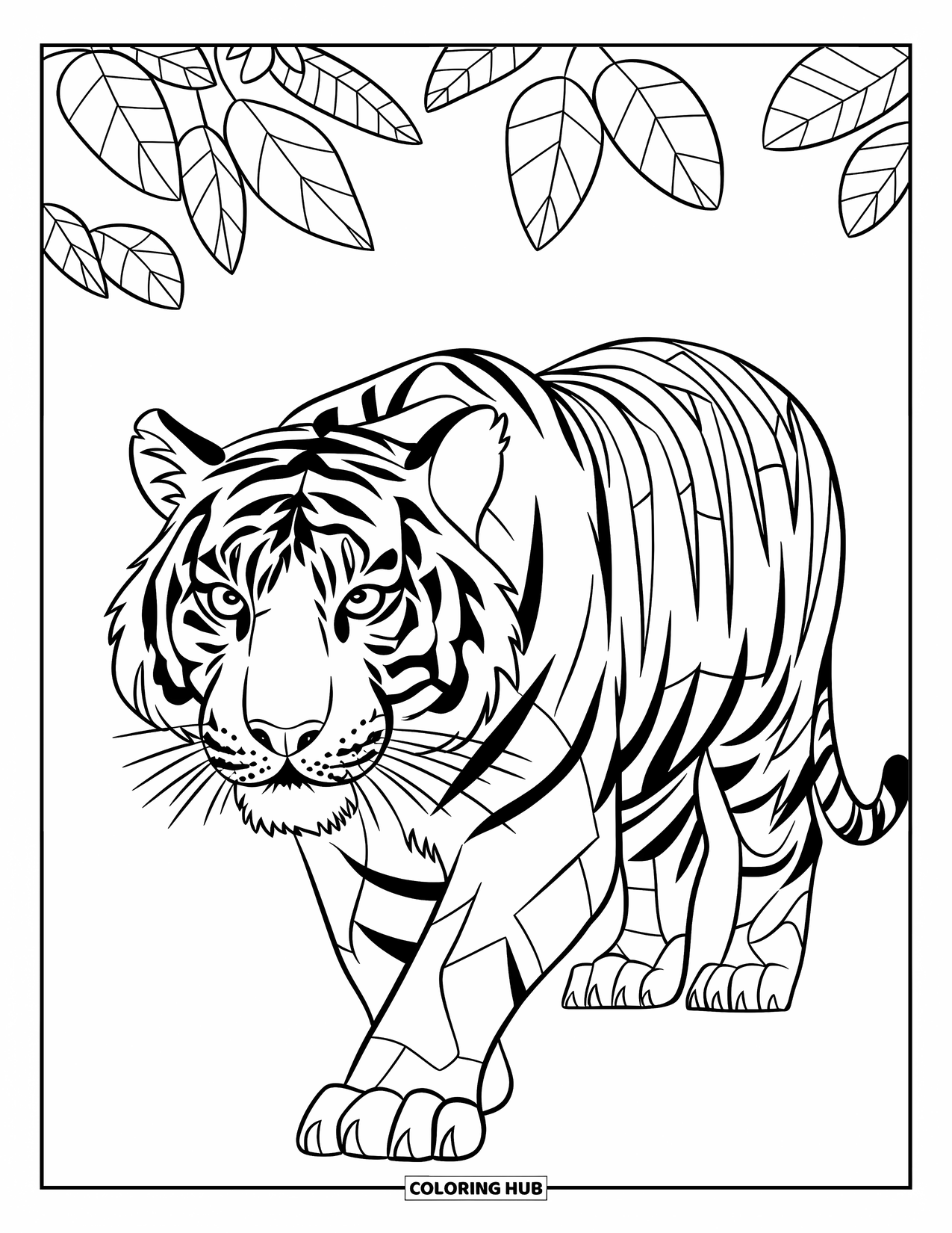 Dibujo de mosaico para colorear para niños: Un tigre con rayas de mosaico camina entre flores y plantas frondosas