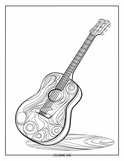 Mosaikk-fargeleggingsark for barn: En skjev gitar med mosaikk-svirvelformer og uten bakgrunnselementer