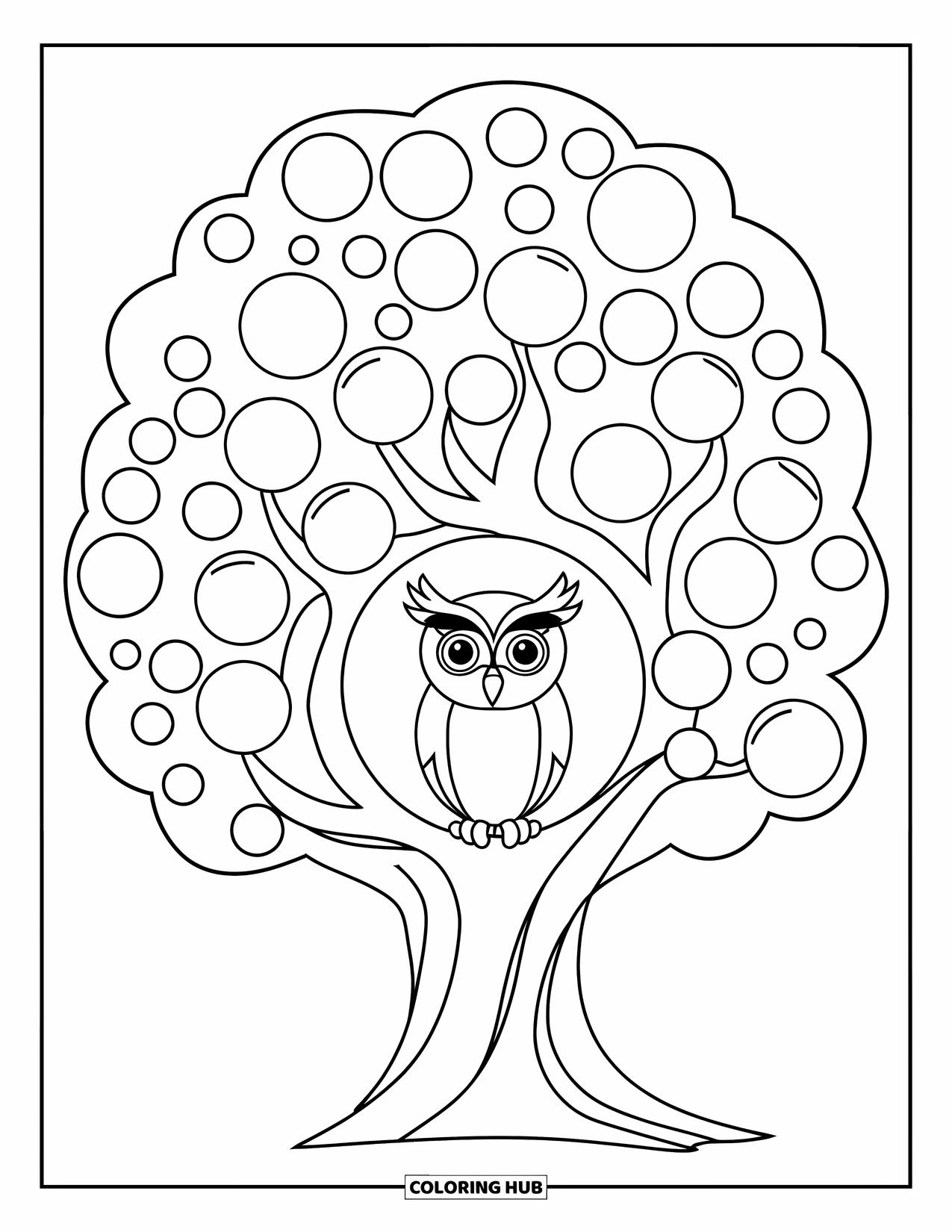 Dibujo de mosaico para colorear para niños: Un árbol con hojas redondeadas de mosaico y un búho alegre posado dentro