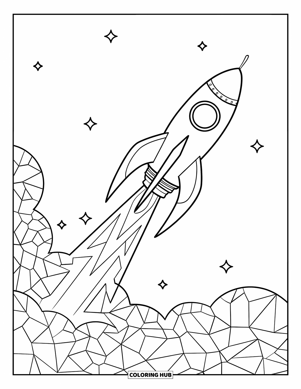 Dibujo de mosaico para colorear para niños: Un cohete de estilo vintage despega bajo las estrellas con fuego geométrico y diseño curvo