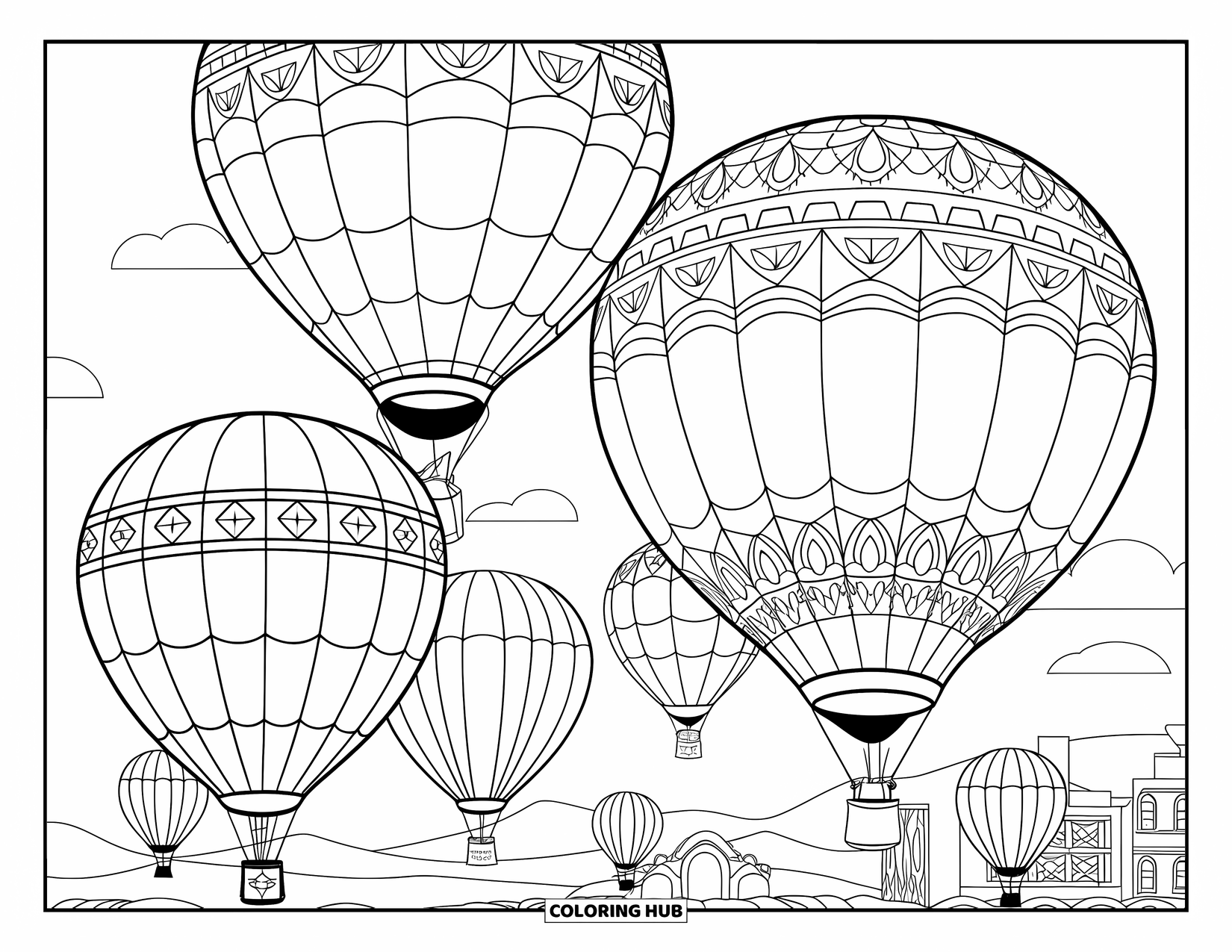 Dibujo de mosaico para colorear para niños: Globos estampados que se elevan sobre el paisaje con edificios abajo