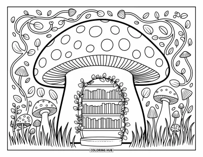 Målarbild med svampnisse för vuxna: Charmigt svampbibliotek med böcker, blommor och en inbjudande trädgård