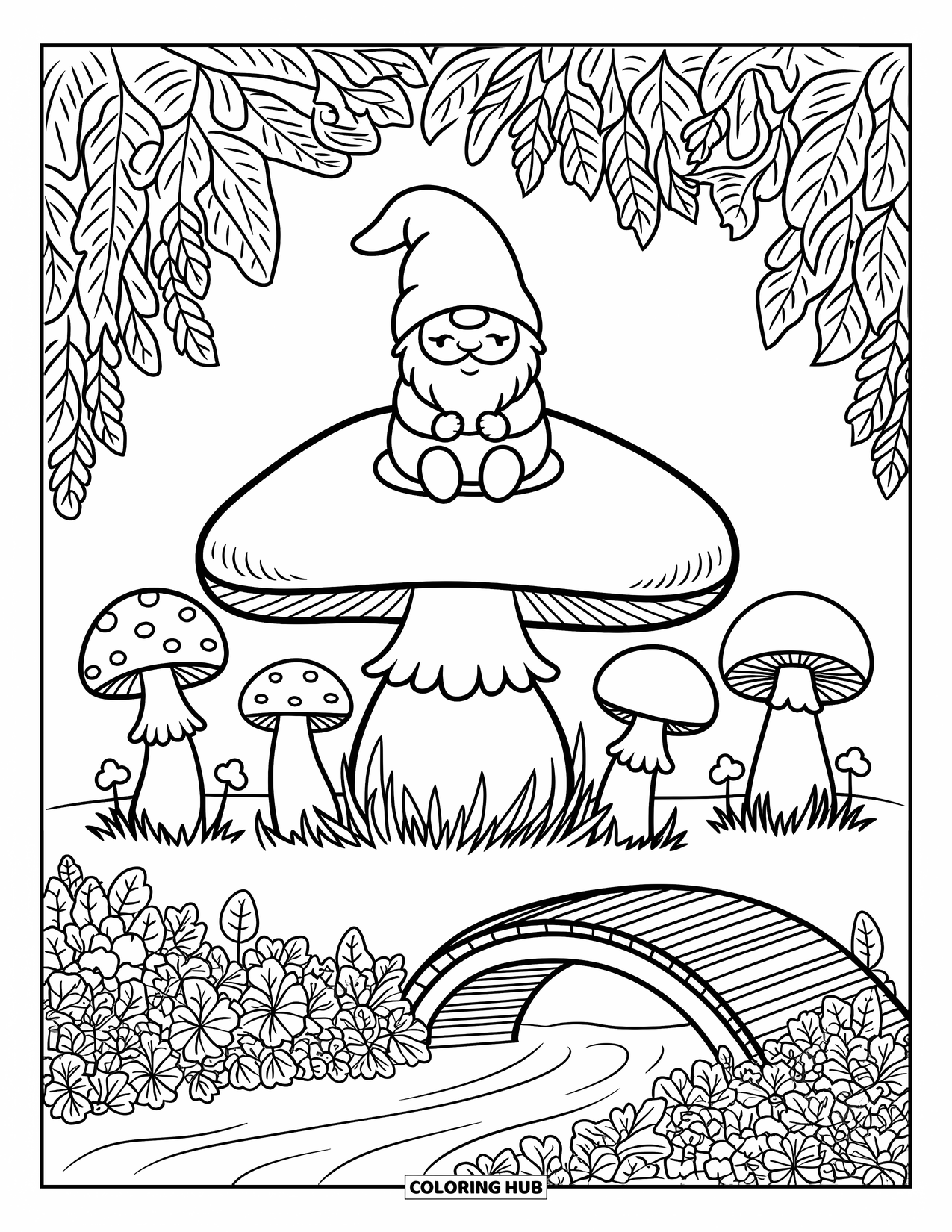 Mushroom Gnome Coloring Page for Adults: Cheerful gnome on mushroom surrounded by toadstools, ferns, and a stream