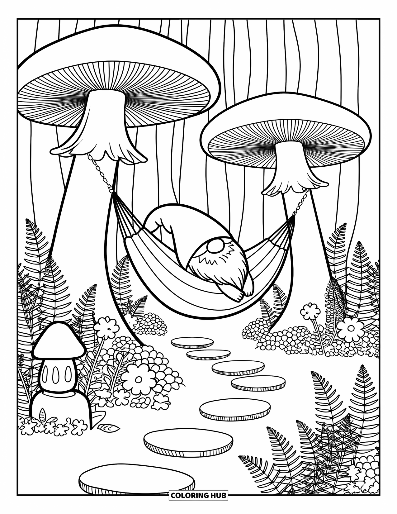 Mushroom Gnome Coloring Page for Adults: Cozy hammock scene with gnome between mushrooms and a glowing lantern
