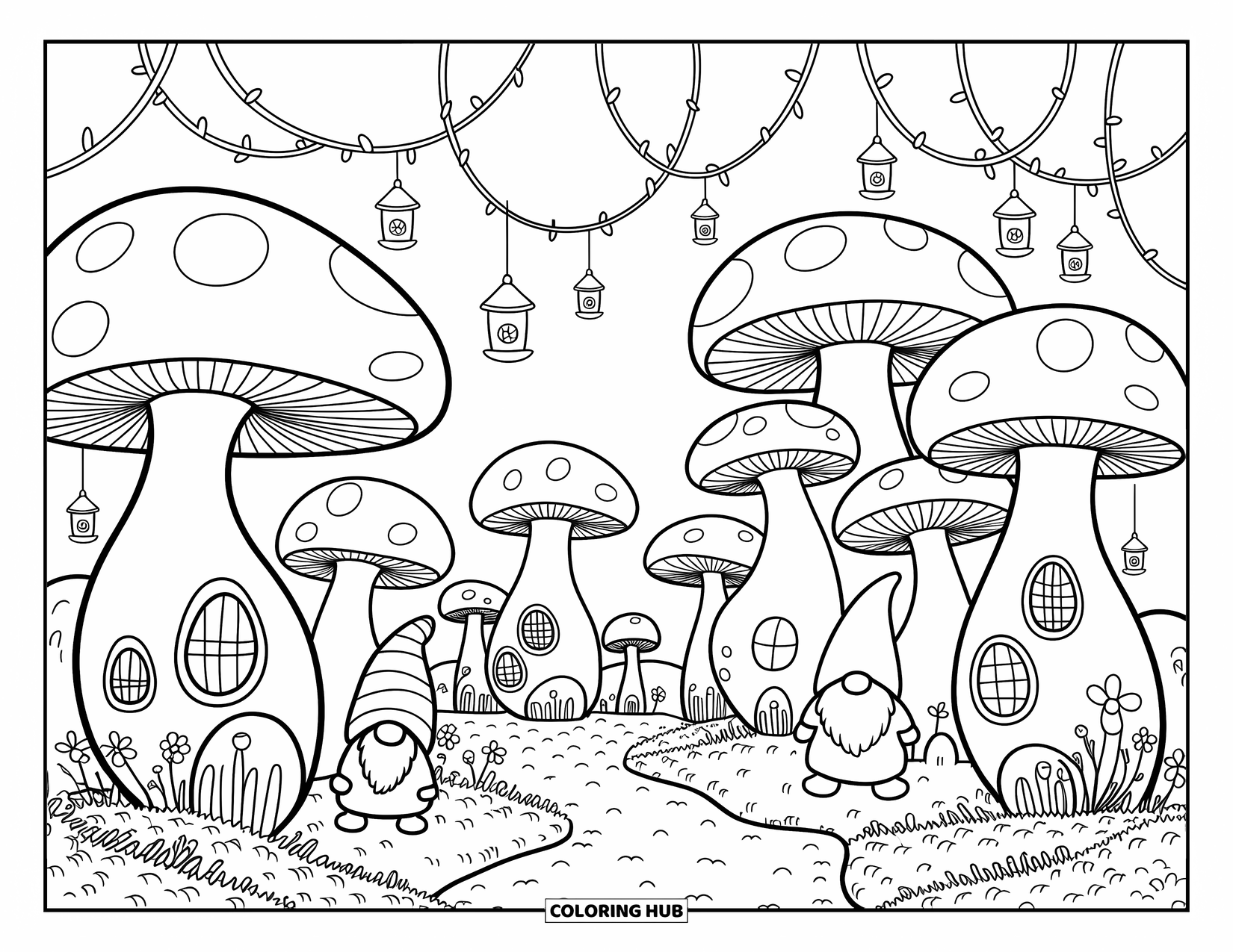 Mushroom Gnome Coloring Page for Adults: Enchanted mushroom homes with flowers, lanterns, and mossy forest scenery