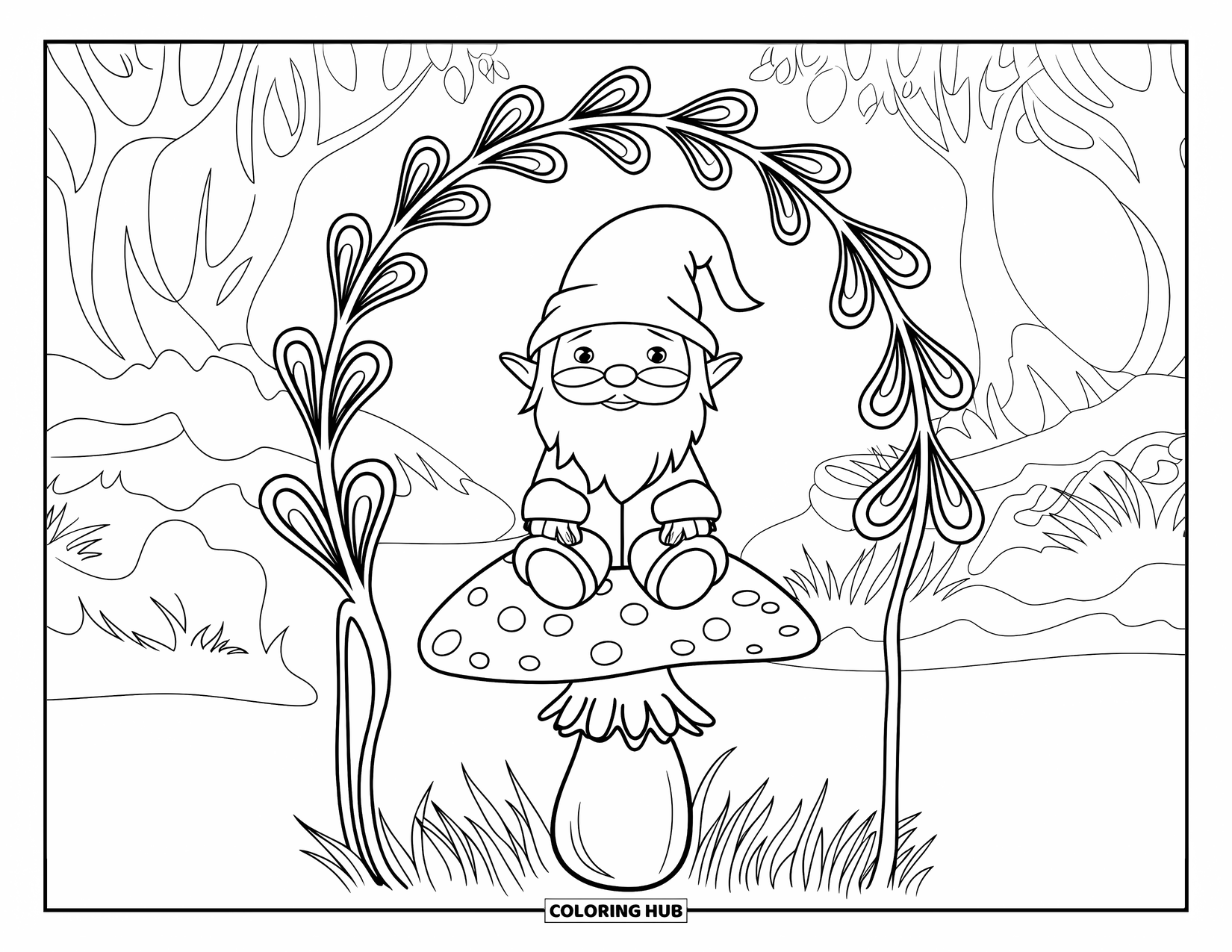 Mushroom Gnome Coloring Page for Adults: Forest gnome on mushroom framed by curling stem botanical mandala