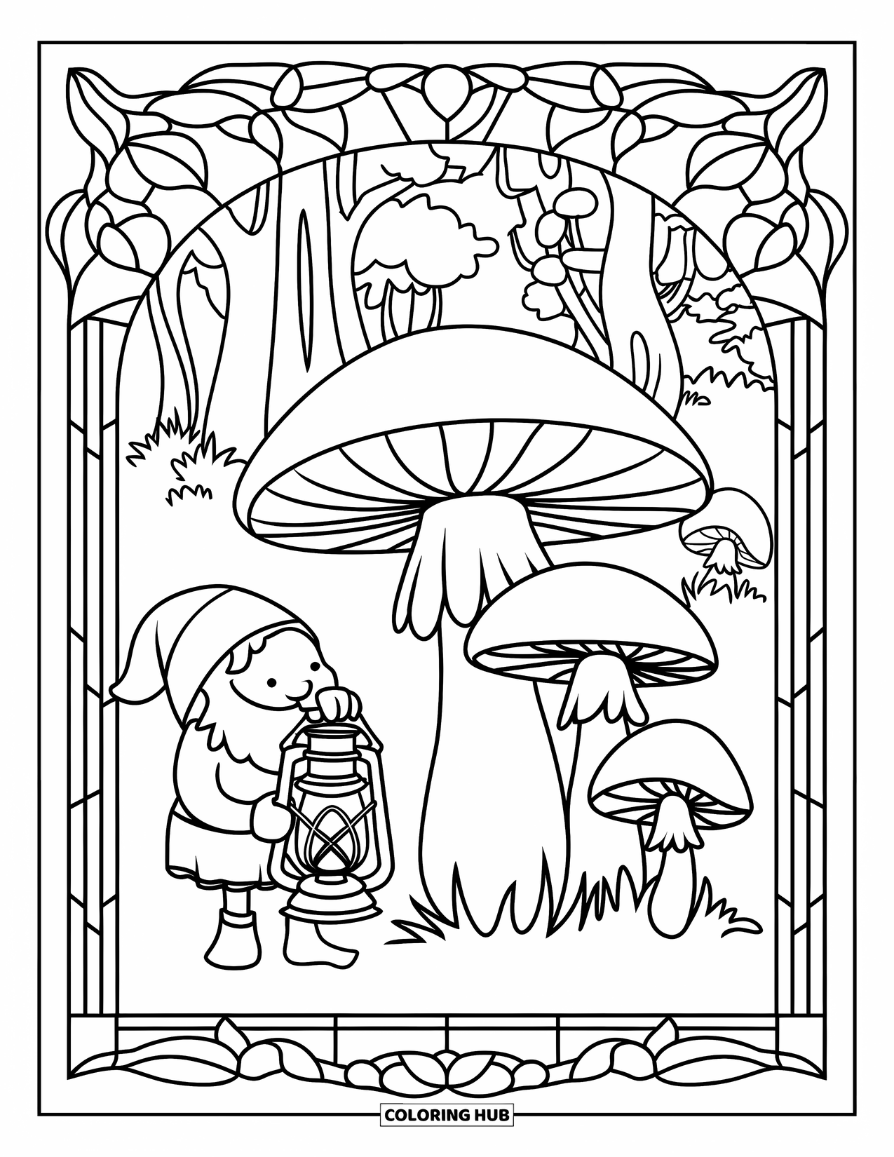 Mushroom Gnome Coloring Page for Adults: Forest gnome with lantern beside mushroom framed by stained glass vines