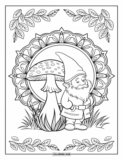 Målarbild med svampnisse för vuxna: Nisse mot svamp inramad av en lövrik botanisk mandala