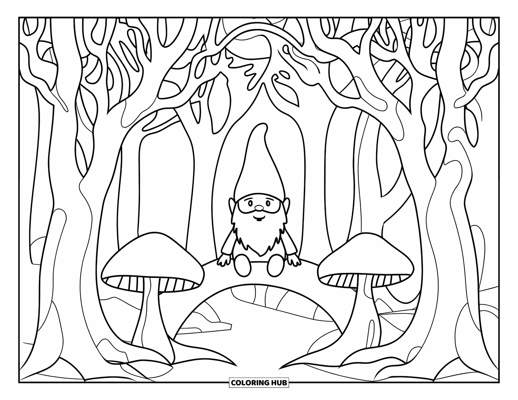 Mushroom Gnome Coloring Page for Adults: Gnome on mushroom bridge in forest with intricate tree patterns