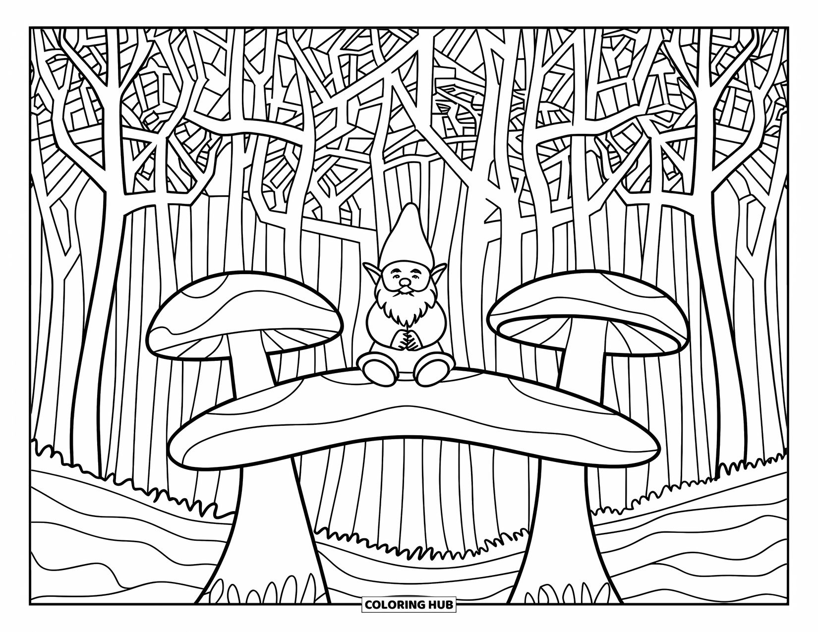 Mushroom Gnome Coloring Page for Adults: Gnome on mushroom bridge in stained glass patterned forest