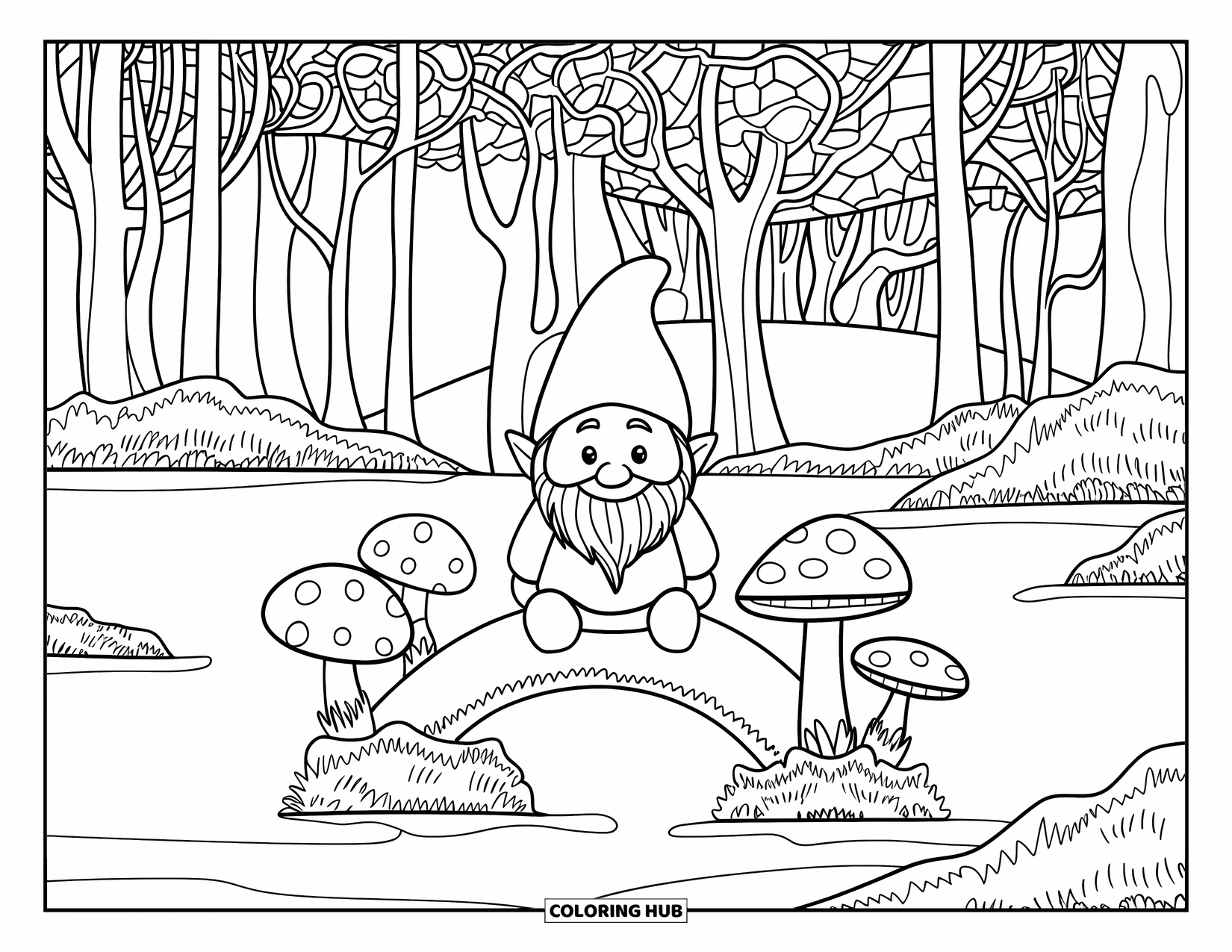 Mushroom Gnome Coloring Page for Adults: Gnome on mushroom bridge over lake with stained glass forest background