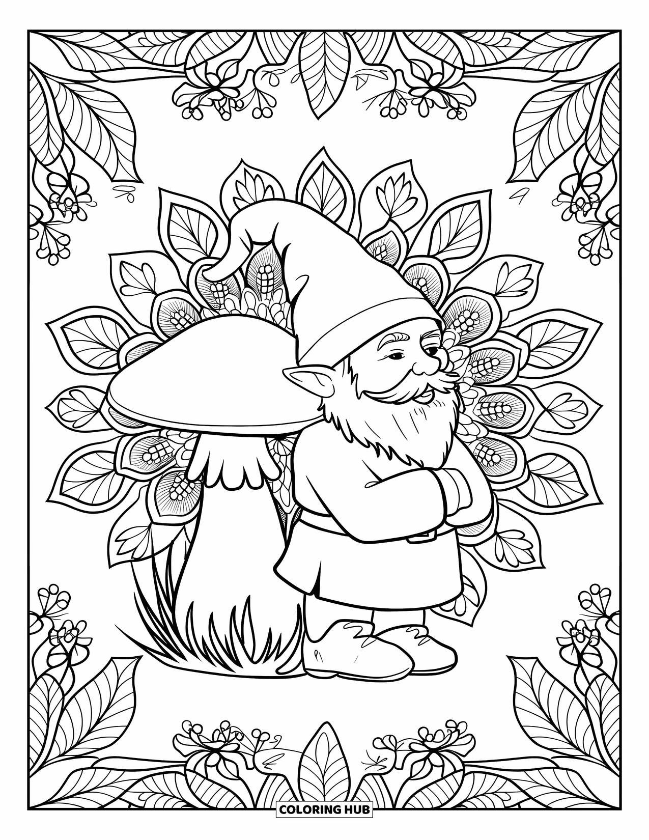 Mushroom Gnome Coloring Page for Adults: Gnome resting on mushroom with detailed leafy mandala border