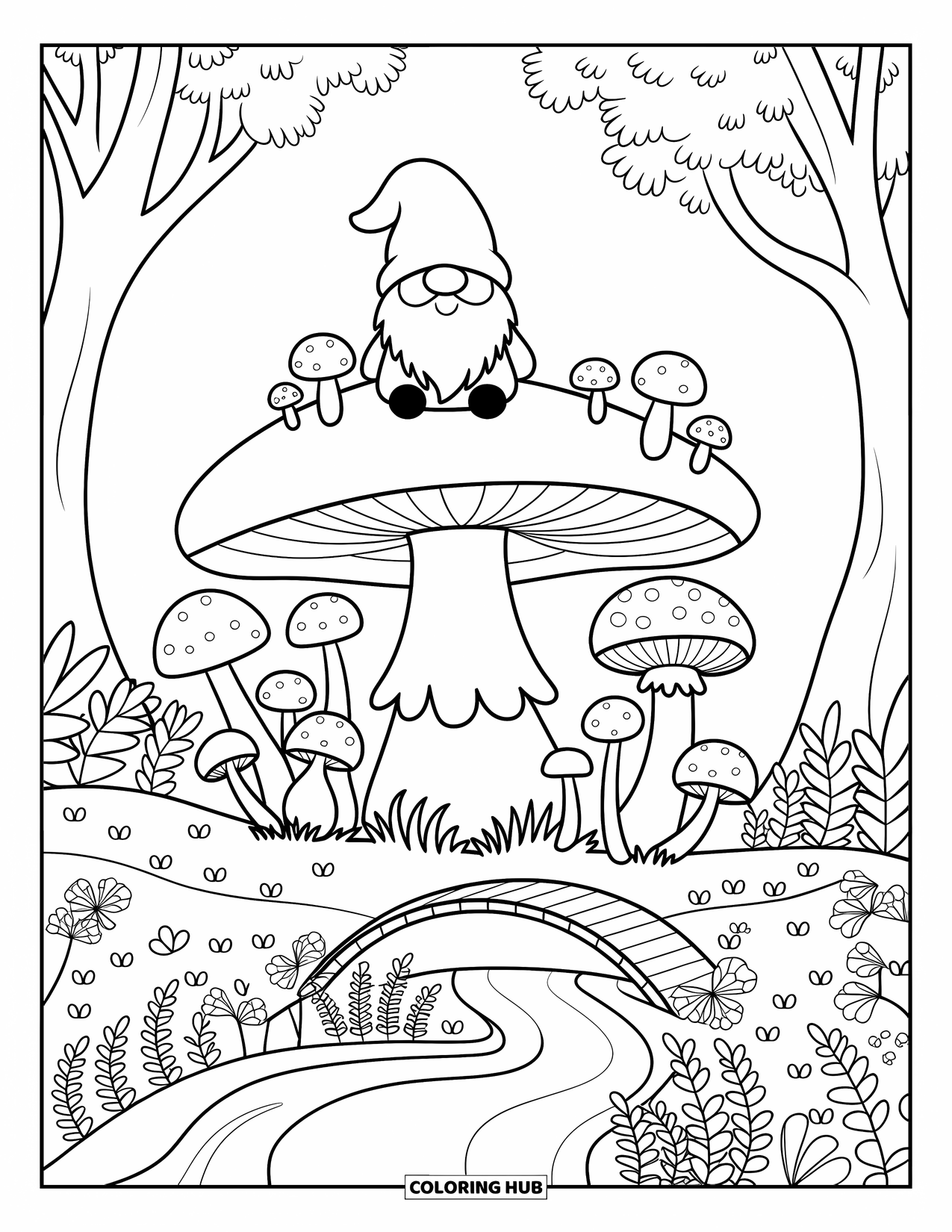 Mushroom Gnome Coloring Page for Adults: Gnome sitting on giant mushroom in a forest clearing with toadstools