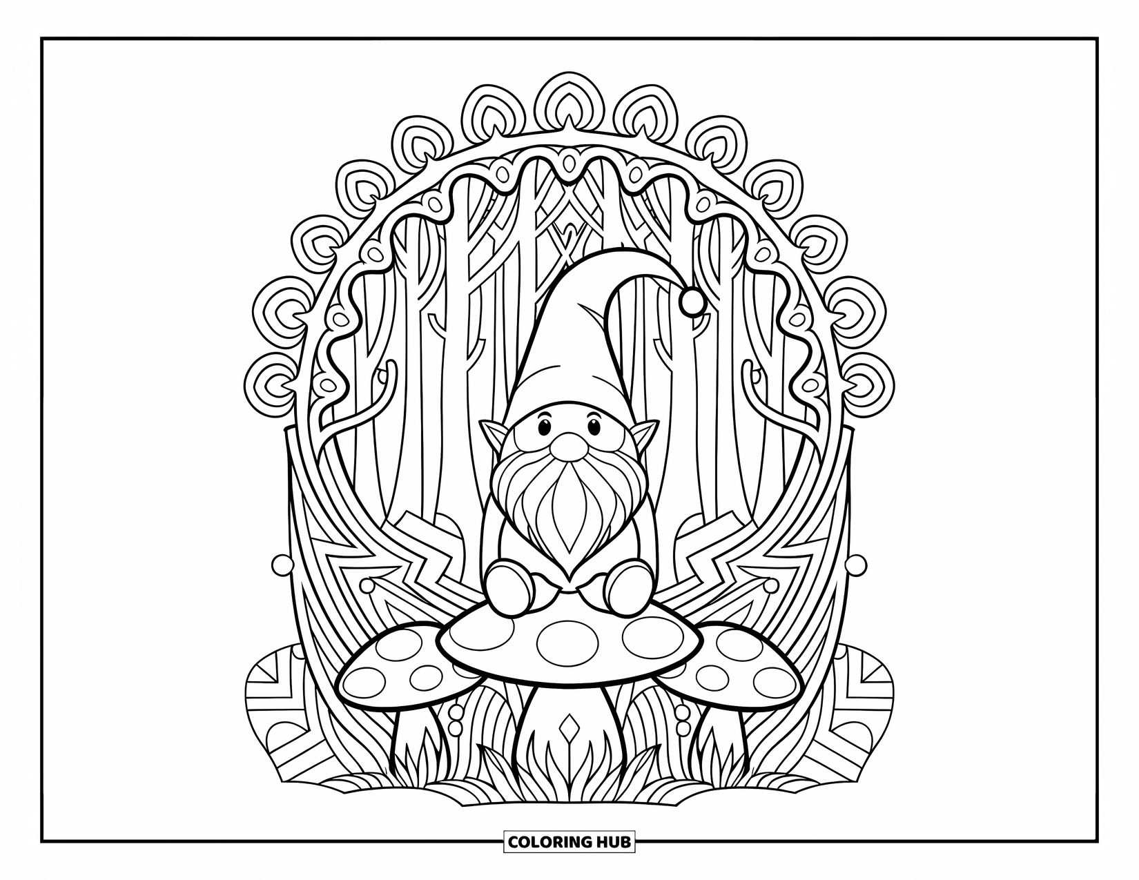 Mushroom Gnome Coloring Page for Adults: Gnome sitting on mushroom with curling stem mandala in lush forest