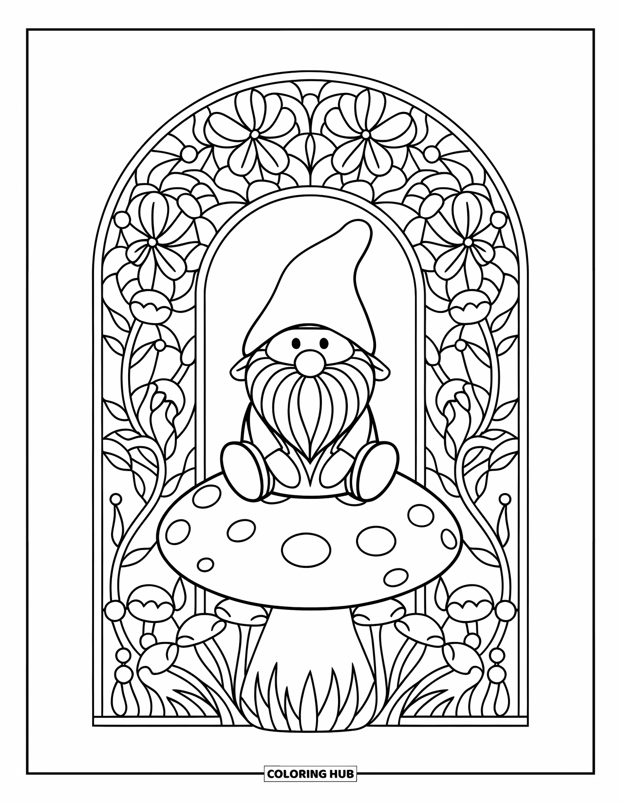 Mushroom Gnome Coloring Page for Adults: Gnome with green hat on mushroom cap framed by floral stained glass arch
