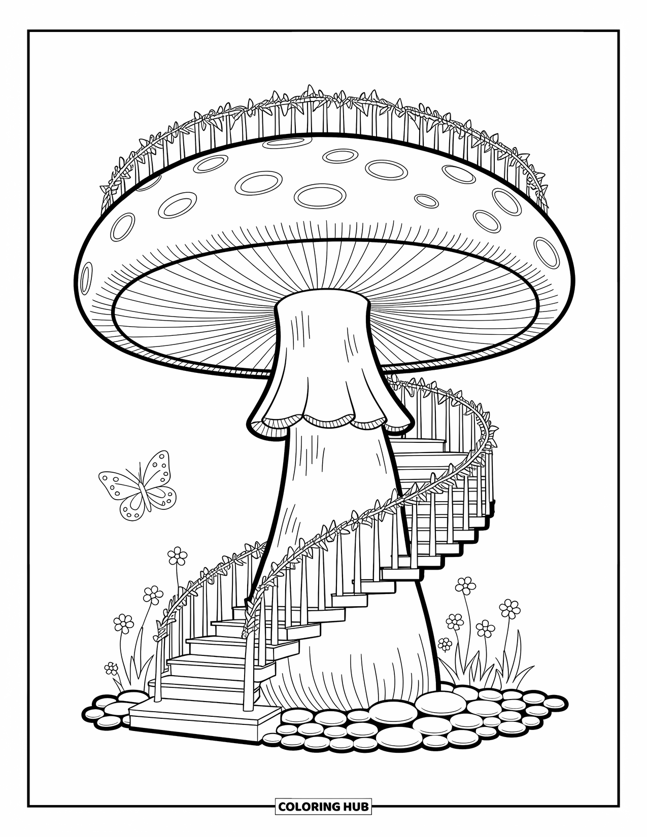 Mushroom Gnome Coloring Page for Adults: Grand mushroom staircase with vine railing, flowers, and a butterfly