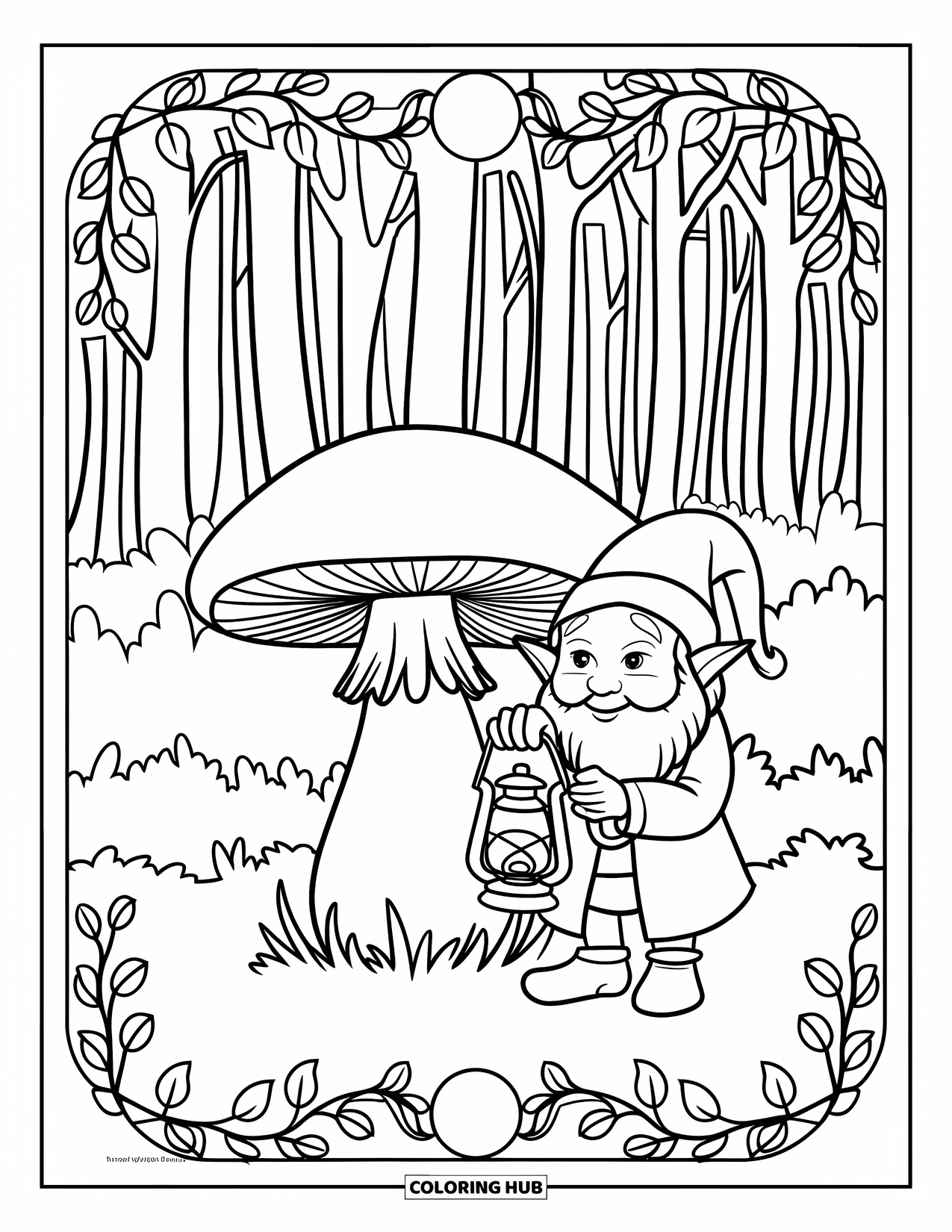 Mushroom Gnome Coloring Page for Adults: Lantern-holding gnome beside mushroom in dense forest with vine frame