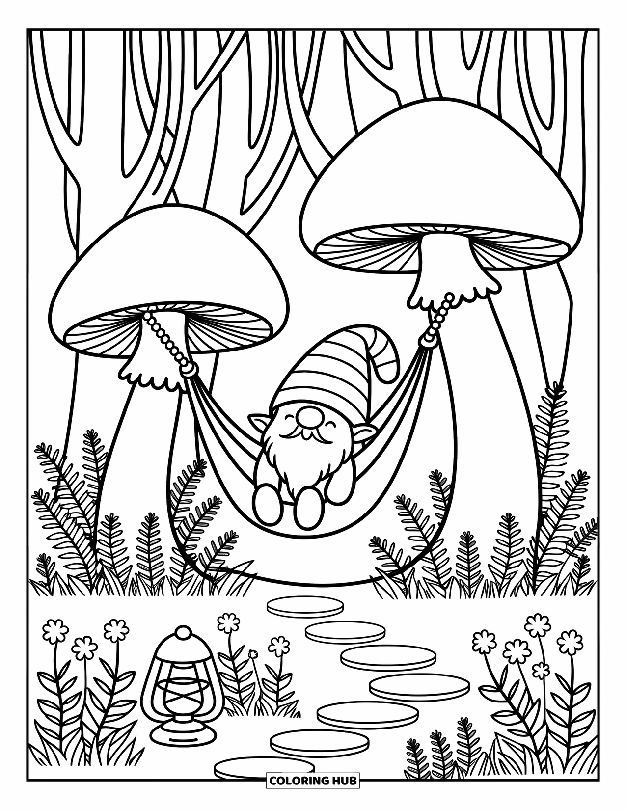 Mushroom Gnome Coloring Page for Adults: Peaceful gnome in hammock under tall mushrooms with lantern and wildflowers