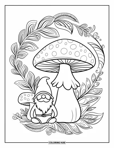 Målarbild med svampnisse för vuxna: Nisse med spetsig hatt bredvid svamp inramad av en slingrande löv-mandala