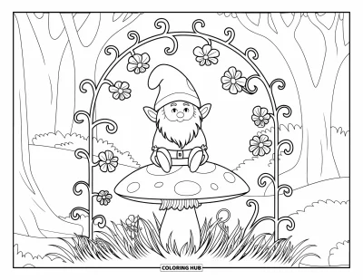 Målarbild med svampnisse för vuxna: Fantasifull nisse på svamp med blommig slingrande stjälk-mandala
