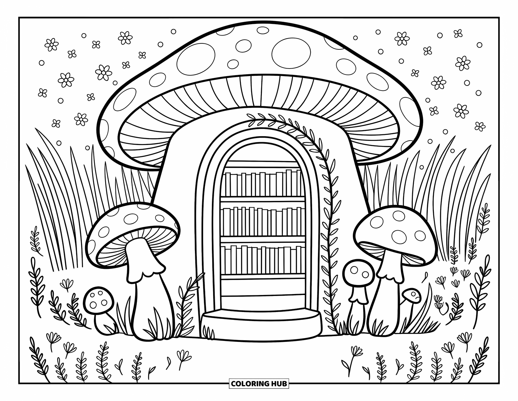 Mushroom Gnome Coloring Page for Adults: Whimsical mushroom library surrounded by mushrooms, grass, and winding vines