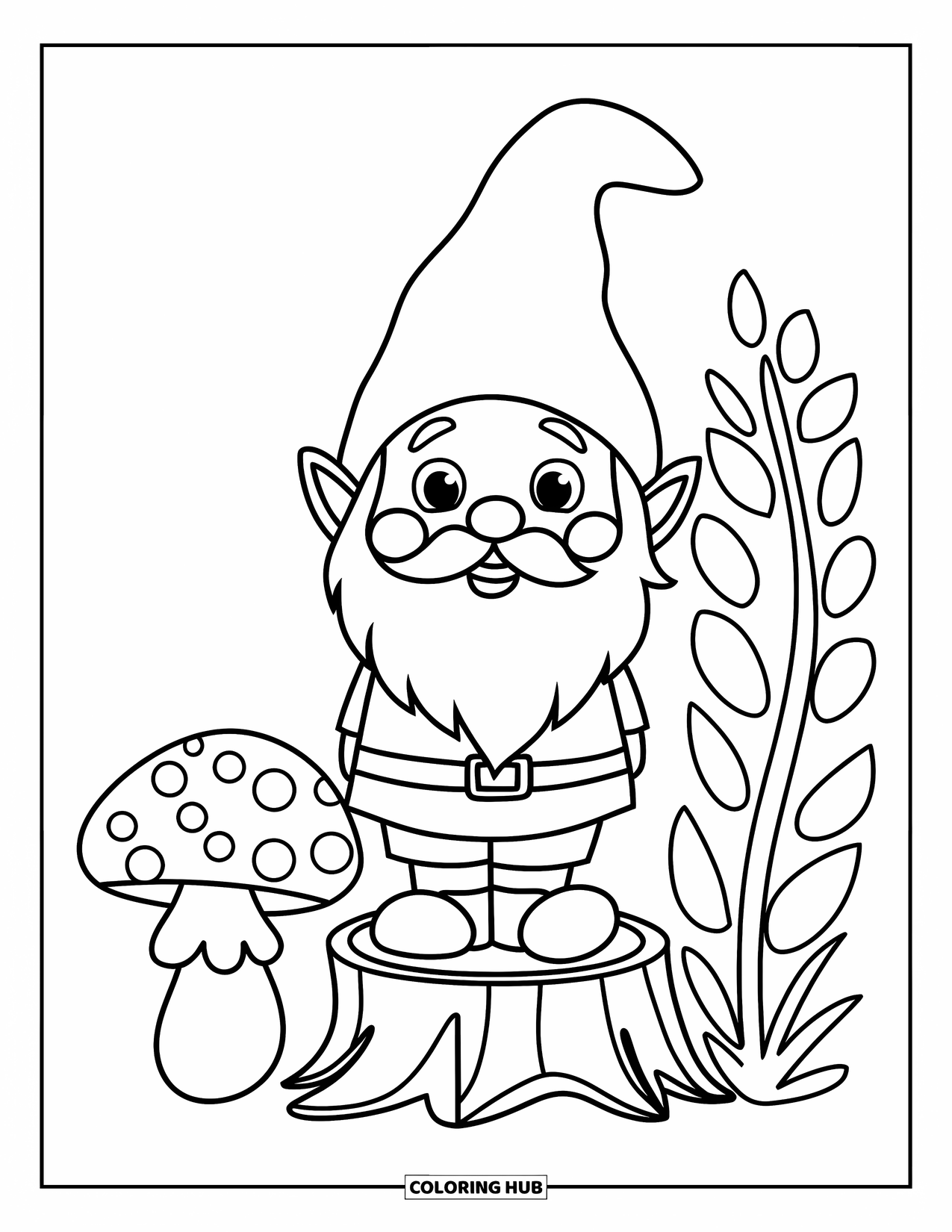 Mushroom Gnome Coloring Page for Kids: Cheerful gnome on a stump near a mushroom and bush