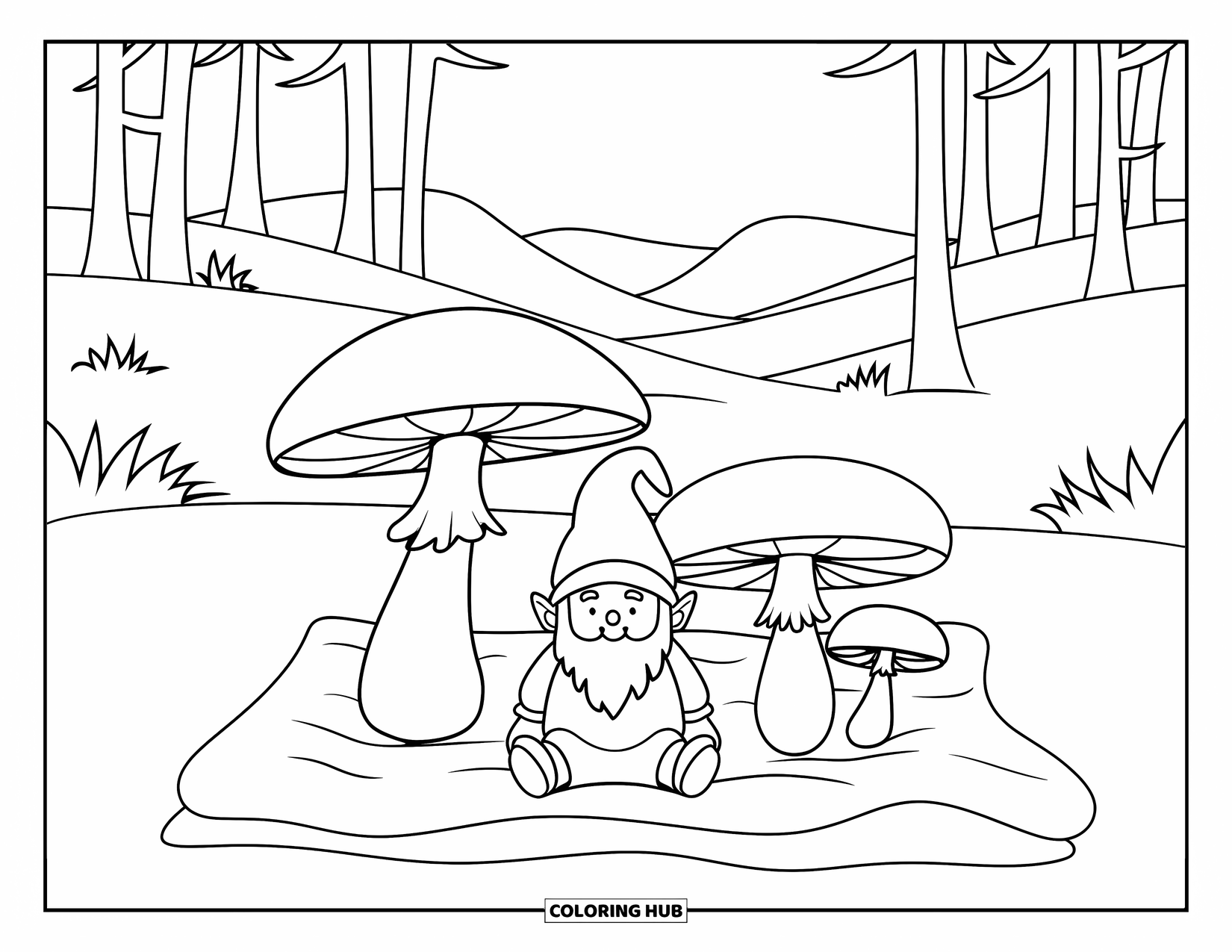 Mushroom Gnome Coloring Page for Kids: Cozy gnome between two big mushrooms in a forest clearing