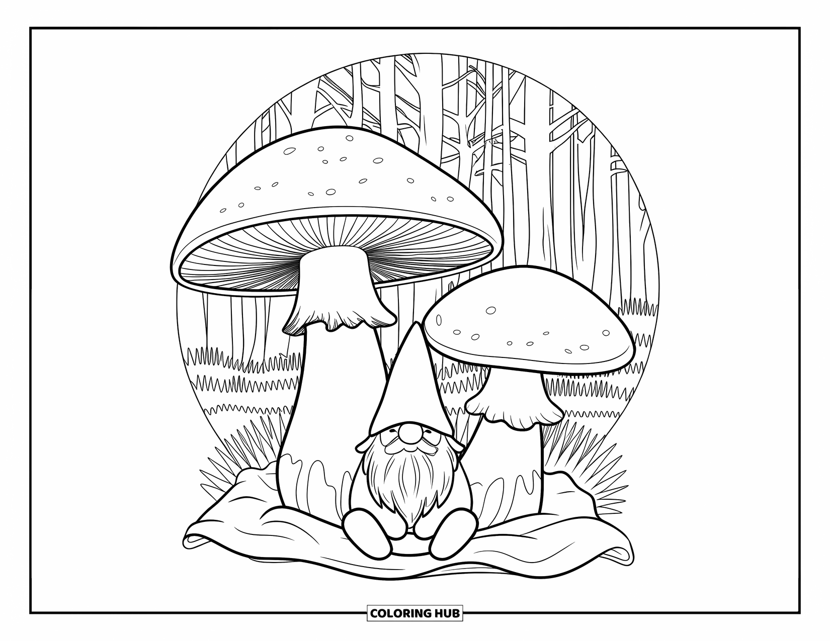 Mushroom Gnome Coloring Page for Kids: Gnome between two large mushrooms on a forest floor