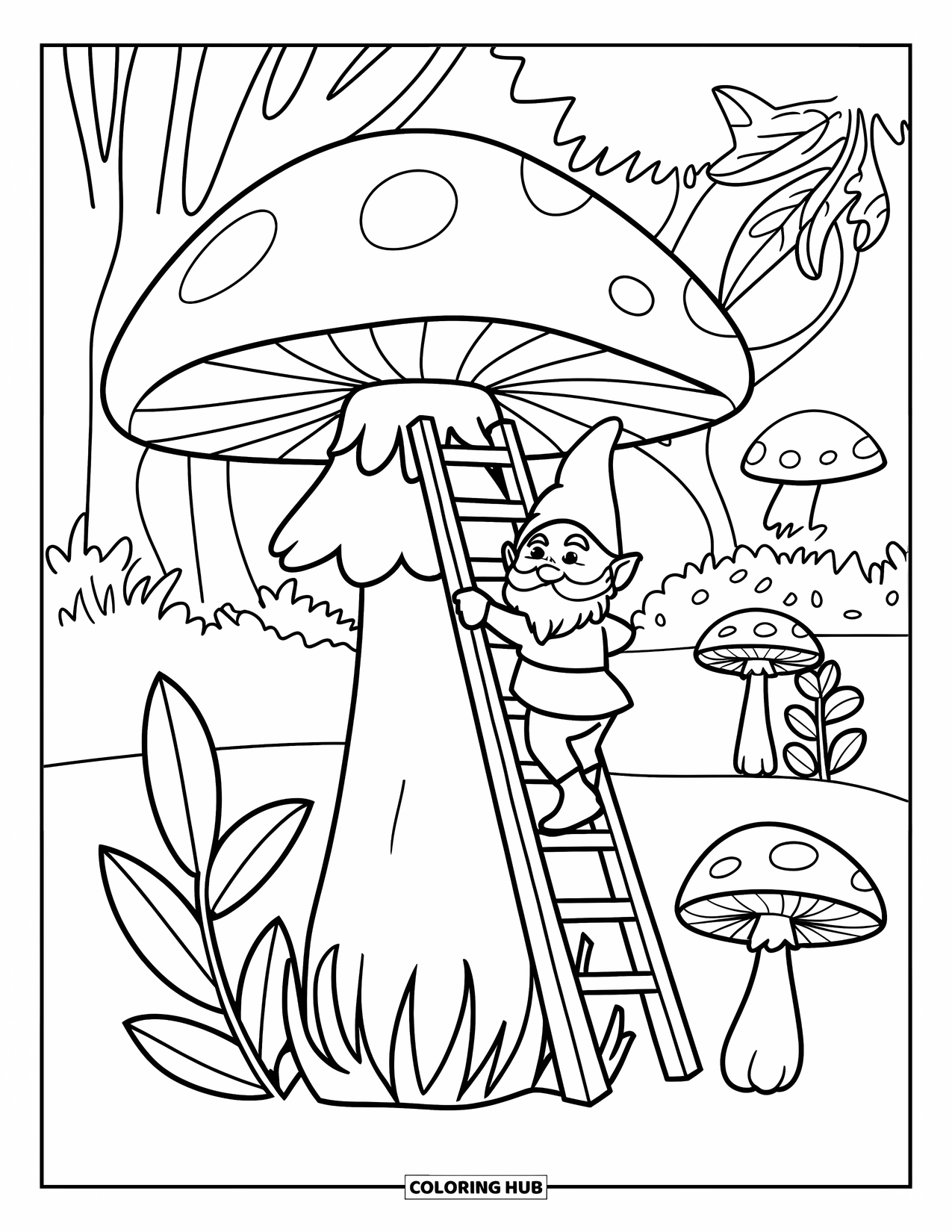 Mushroom Gnome Coloring Page for Kids: Gnome climbing a mushroom ladder in a lush forest