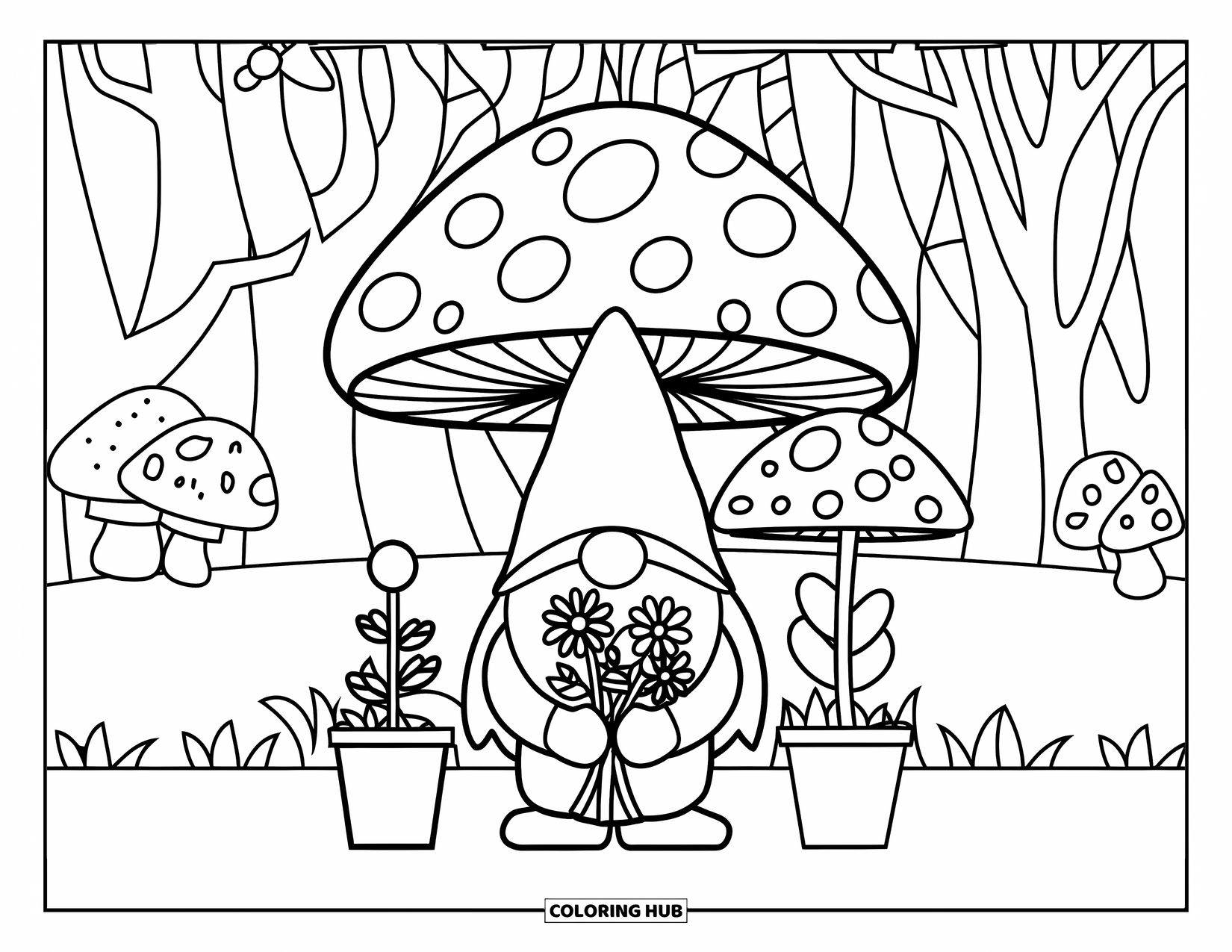 Mushroom Gnome Coloring Page for Kids: Gnome holding a flower bouquet beside a mushroom in a forest
