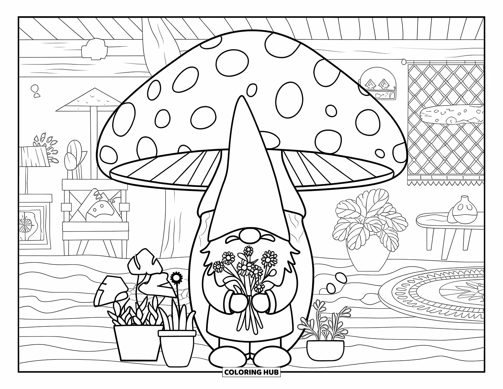 Mushroom Gnome Coloring Page for Kids: Gnome holding flowers beside a mushroom in a cozy rustic room
