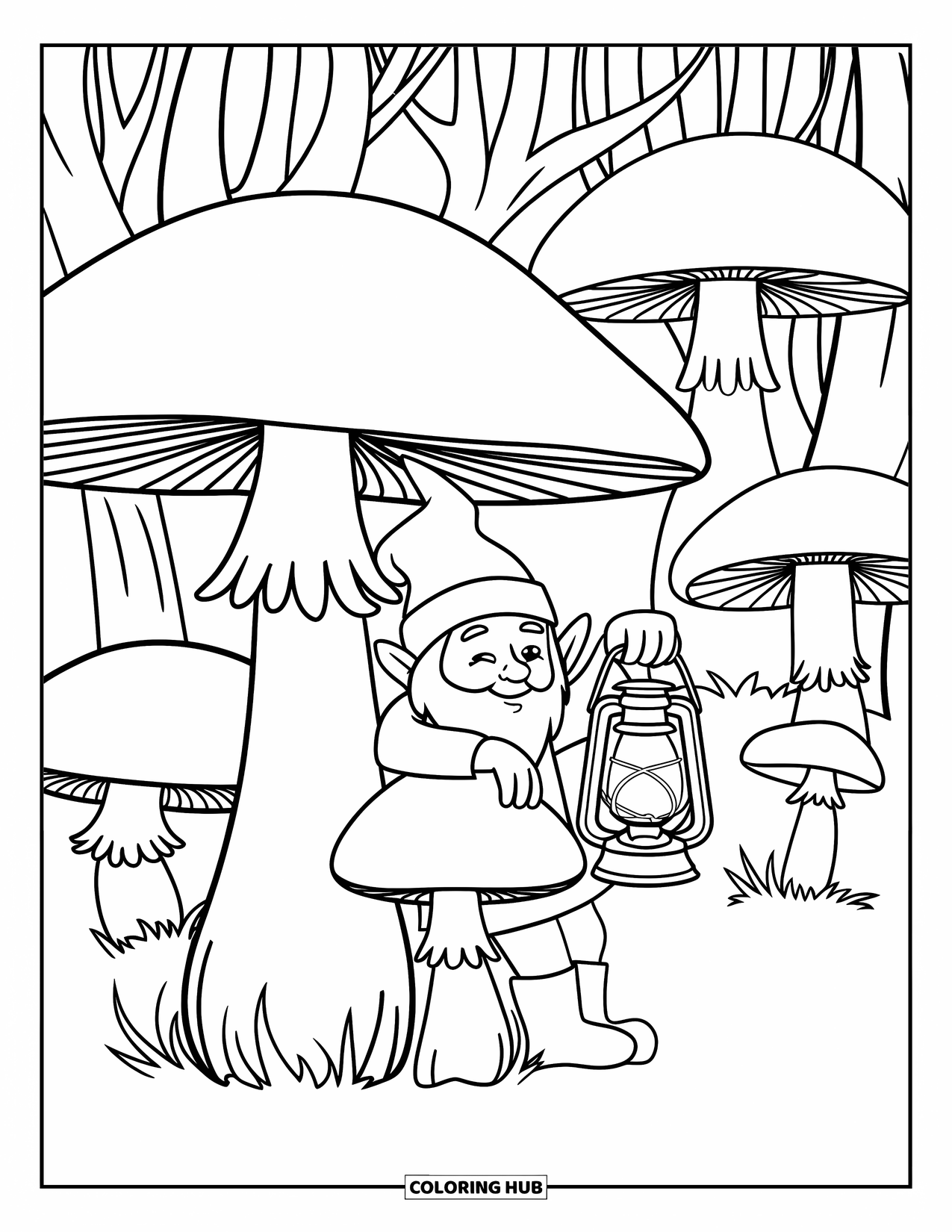 Mushroom Gnome Coloring Page for Kids: Gnome leaning against a mushroom holding a lantern in a glowing forest