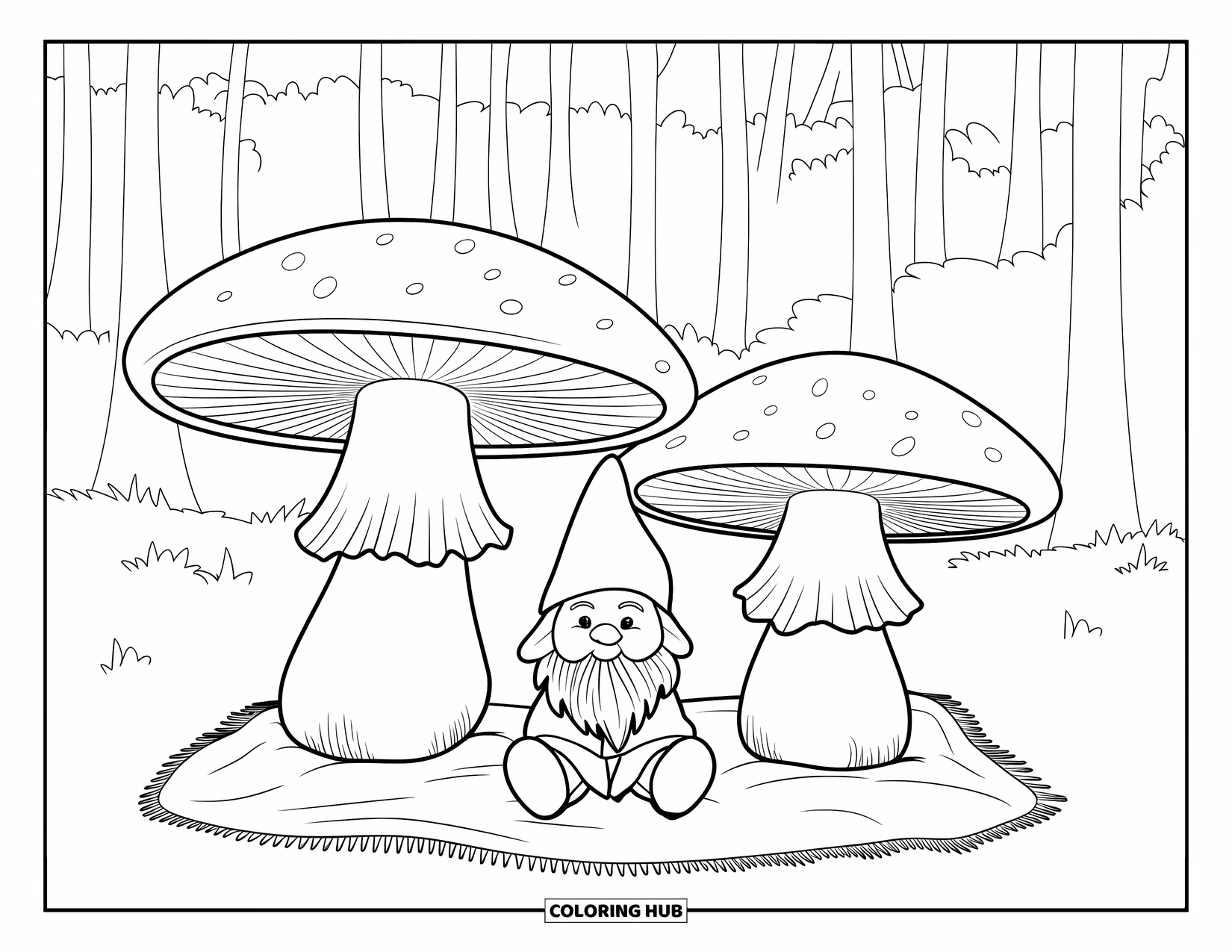 Mushroom Gnome Coloring Page for Kids: Gnome on a blanket between two large mushrooms in the forest