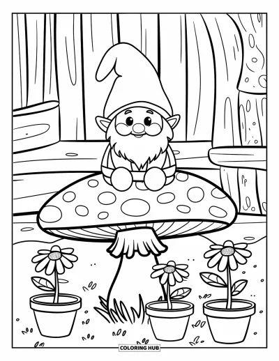 Målarbild med svampnisse för barn: Nisse på ett svamphatt bredvid tre små krukblommor