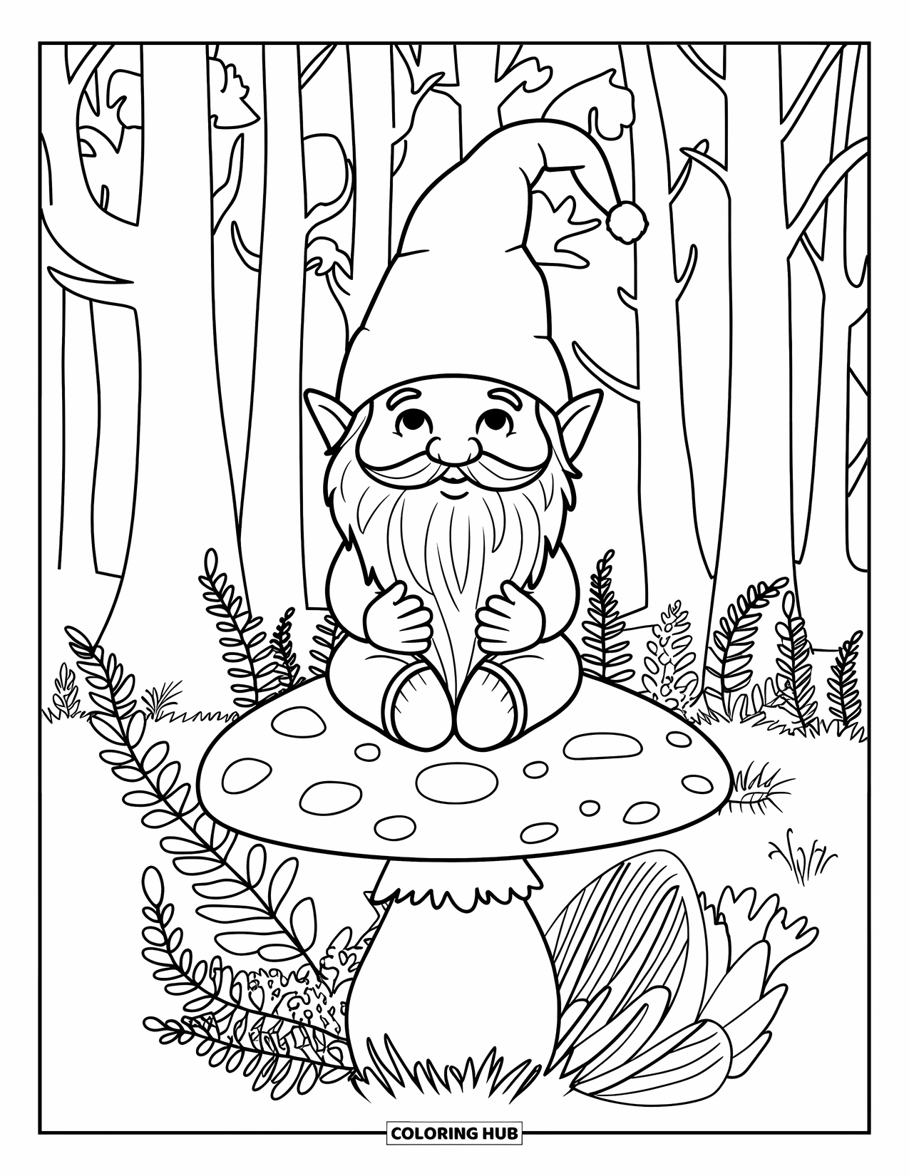 Mushroom Gnome Coloring Page for Kids: Gnome on a mushroom cap surrounded by ferns and plants