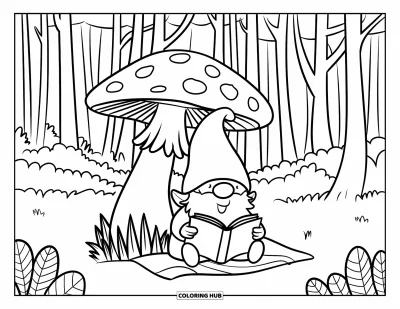 Målarbild med svampnisse för barn: Nisse som läser under en svamp i en fridfull skog