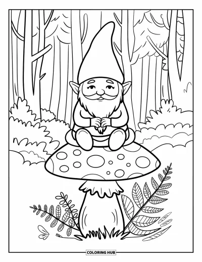 Målarbild med svampnisse för barn: Nisse som sitter med korslagda ben på ett svamphatt i skogen