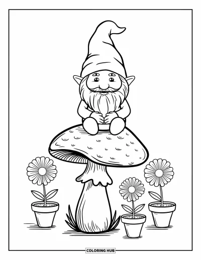 Målarbild med svampnisse för barn: Nisse som sitter på ett svamphatt med tre krukblommor