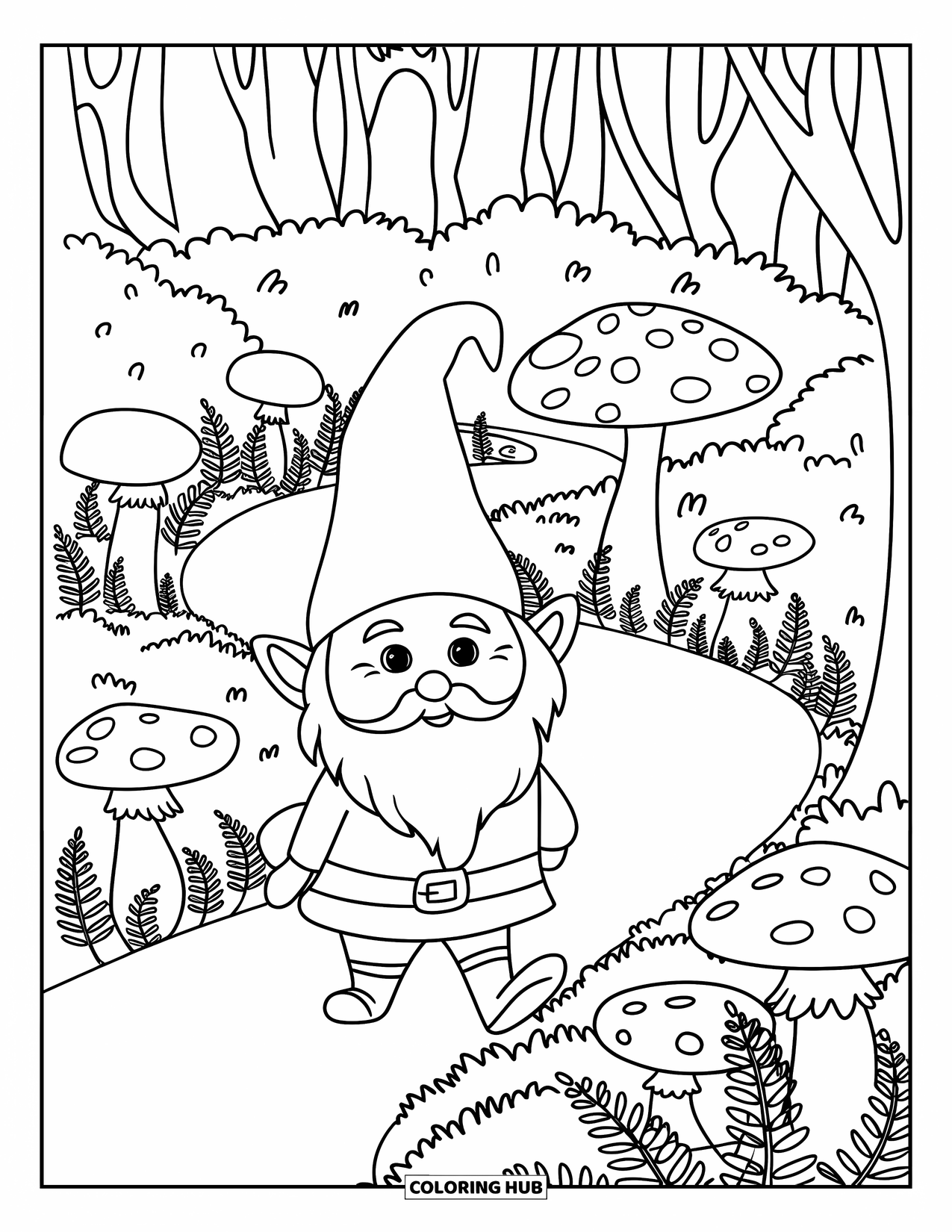 Mushroom Gnome Coloring Page for Kids: Gnome strolling a winding forest path with mushrooms and ferns